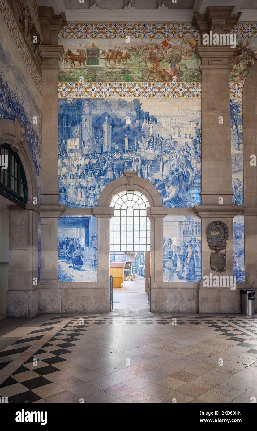 Portuguese Azulejo tiles scenes at Sao Bento Railway Station Atrium - Porto, Portugal Stock Photo