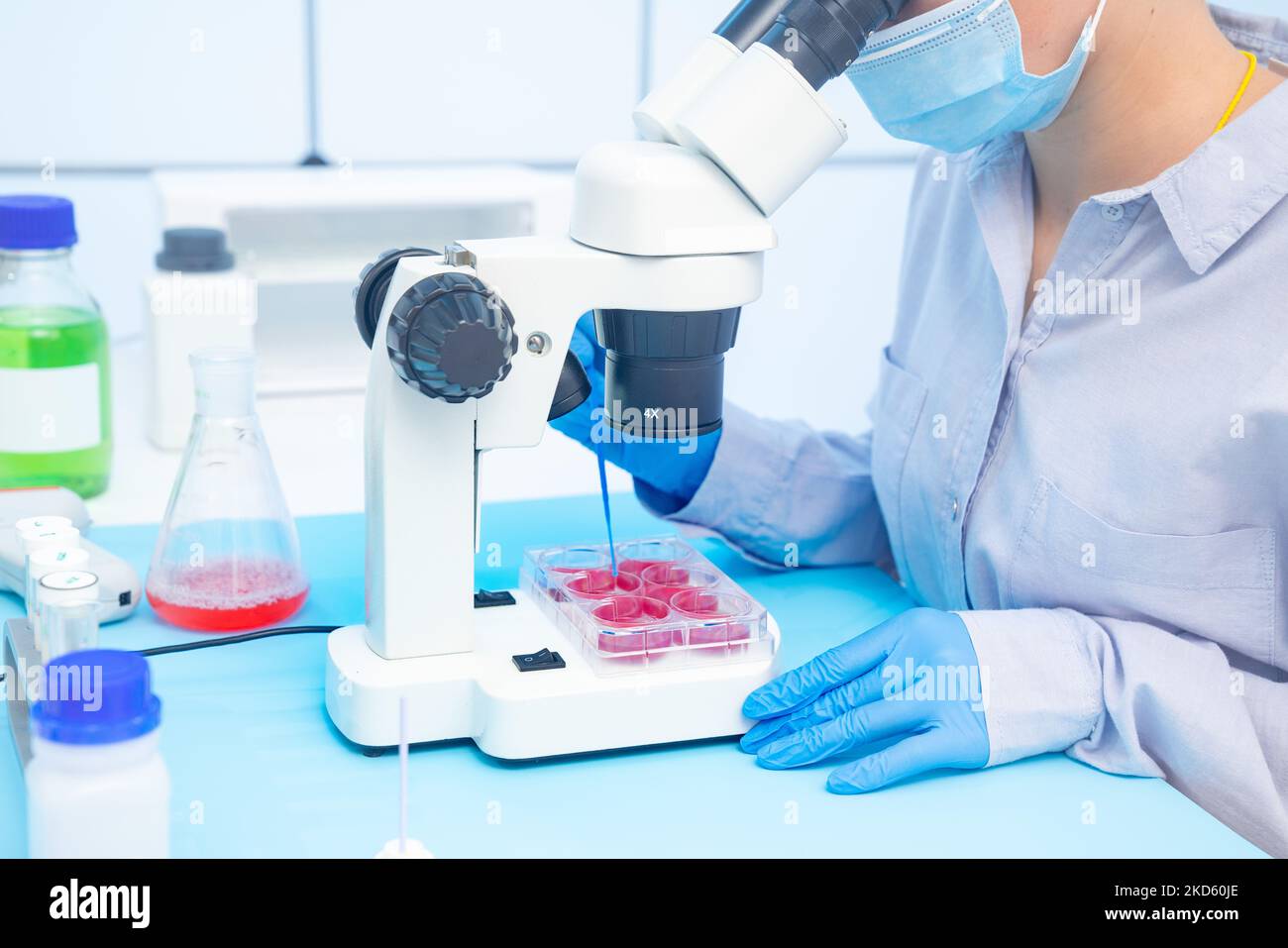 a young female laboratory assistant in a microbiological laboratory