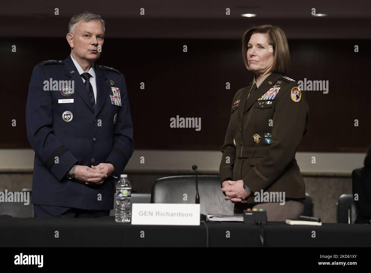 US Northern Command and North American Aerospace Defense Command, Gn Glen VanHerck(left) and US Southern Command, Gn Laura Richardson(right) during a hearing for examine the posture of United States Northern Command and United States Southern Command, today on March 24, 2022 at Dirksen Senate/Capitol Hill in Washington DC, USA. (Photo by Lenin Nolly/NurPhoto) Stock Photo