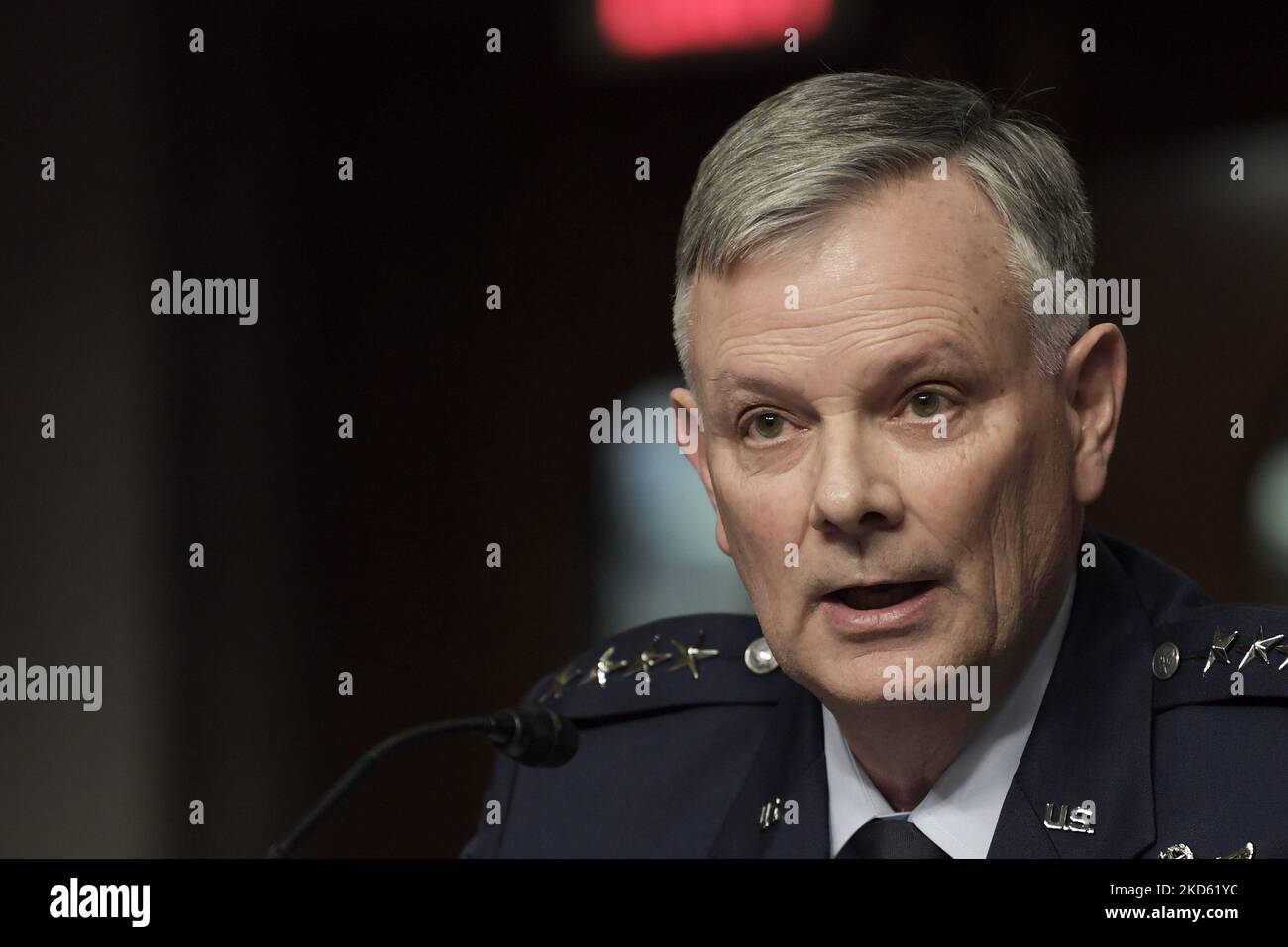 US Northern Command and North American Aerospace Defense Command, Gn Glen VanHerck testifies before Senate Armed Services committee during a hearing for examine the posture of United States Northern Command and United States Southern Command, today on March 24, 2022 at Dirksen Senate/Capitol Hill in Washington DC, USA. (Photo by Lenin Nolly/NurPhoto) Stock Photo