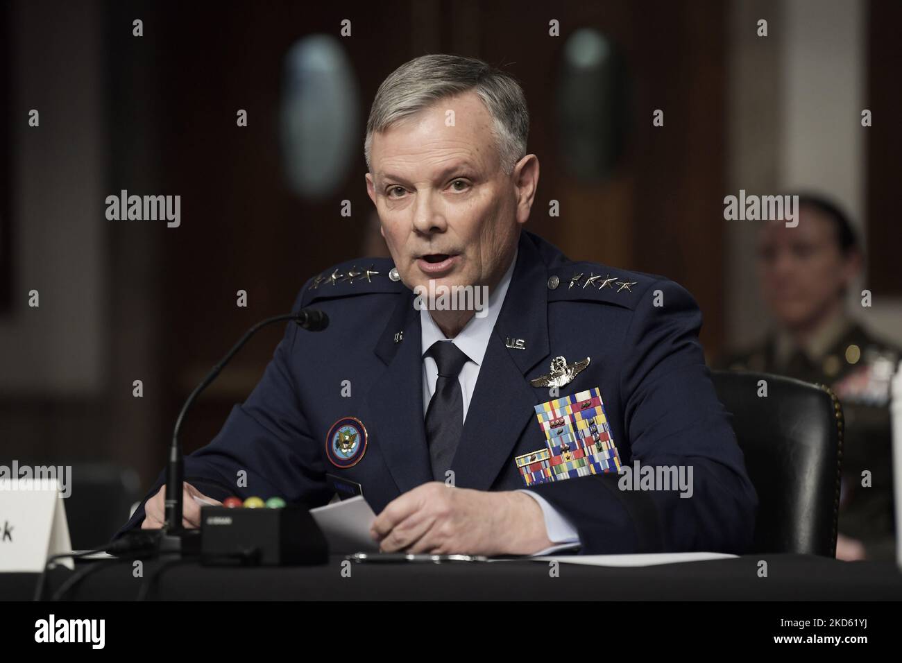 US Northern Command and North American Aerospace Defense Command, Gn Glen VanHerck testifies before Senate Armed Services committee during a hearing for examine the posture of United States Northern Command and United States Southern Command, today on March 24, 2022 at Dirksen Senate/Capitol Hill in Washington DC, USA. (Photo by Lenin Nolly/NurPhoto) Stock Photo