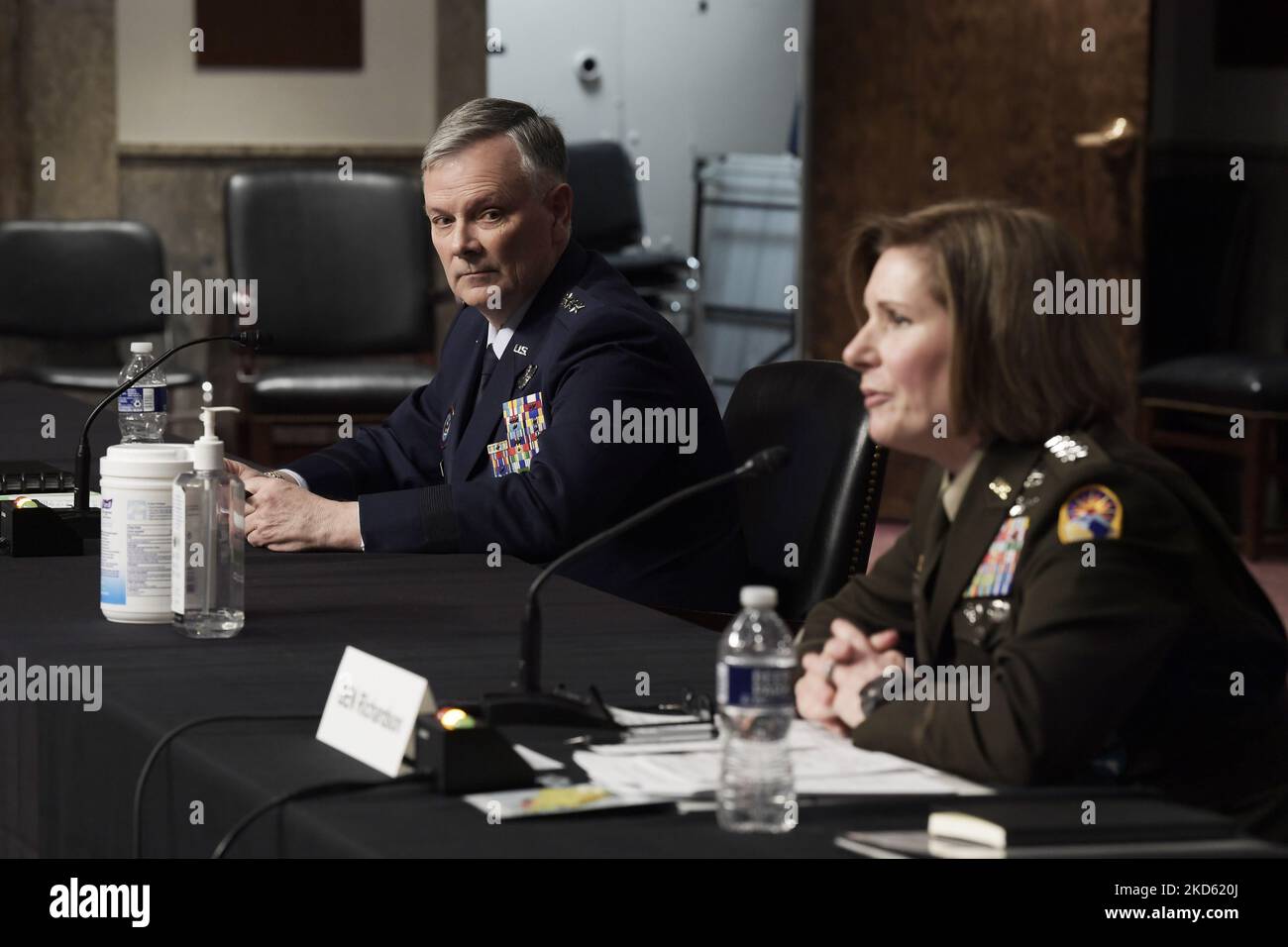 US Northern Command and North American Aerospace Defense Command, Gn Glen VanHerck(left) and US Southern Command, Gn Laura Richardson(right) testify before Senate Armed Services committee during a hearing for examine the posture of United States Northern Command and United States Southern Command, today on March 24, 2022 at Dirksen Senate/Capitol Hill in Washington DC, USA. (Photo by Lenin Nolly/NurPhoto) Stock Photo
