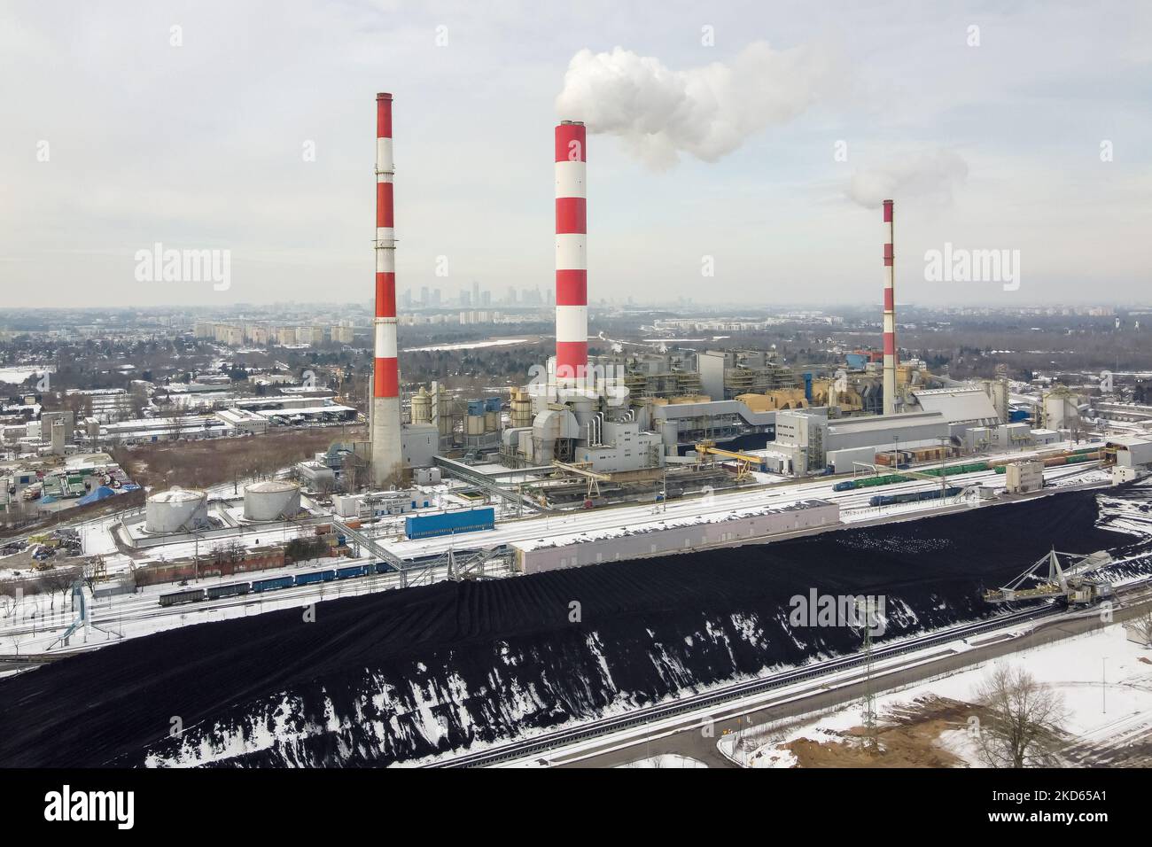 A drone view of Siekierki Power Station, in Warsaw, Poland on February 16, 2021 (Photo by Mateusz Wlodarczyk/NurPhoto) Stock Photo