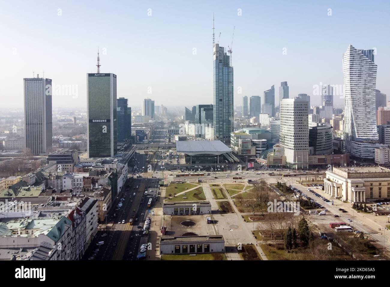 A drone view of Marriott hotel (L), Varso Tower (C) and Zlota 44 (R) skyscrapers at downtown, in Warsaw, Poland on February 25, 2021 (Photo by Mateusz Wlodarczyk/NurPhoto) Stock Photo