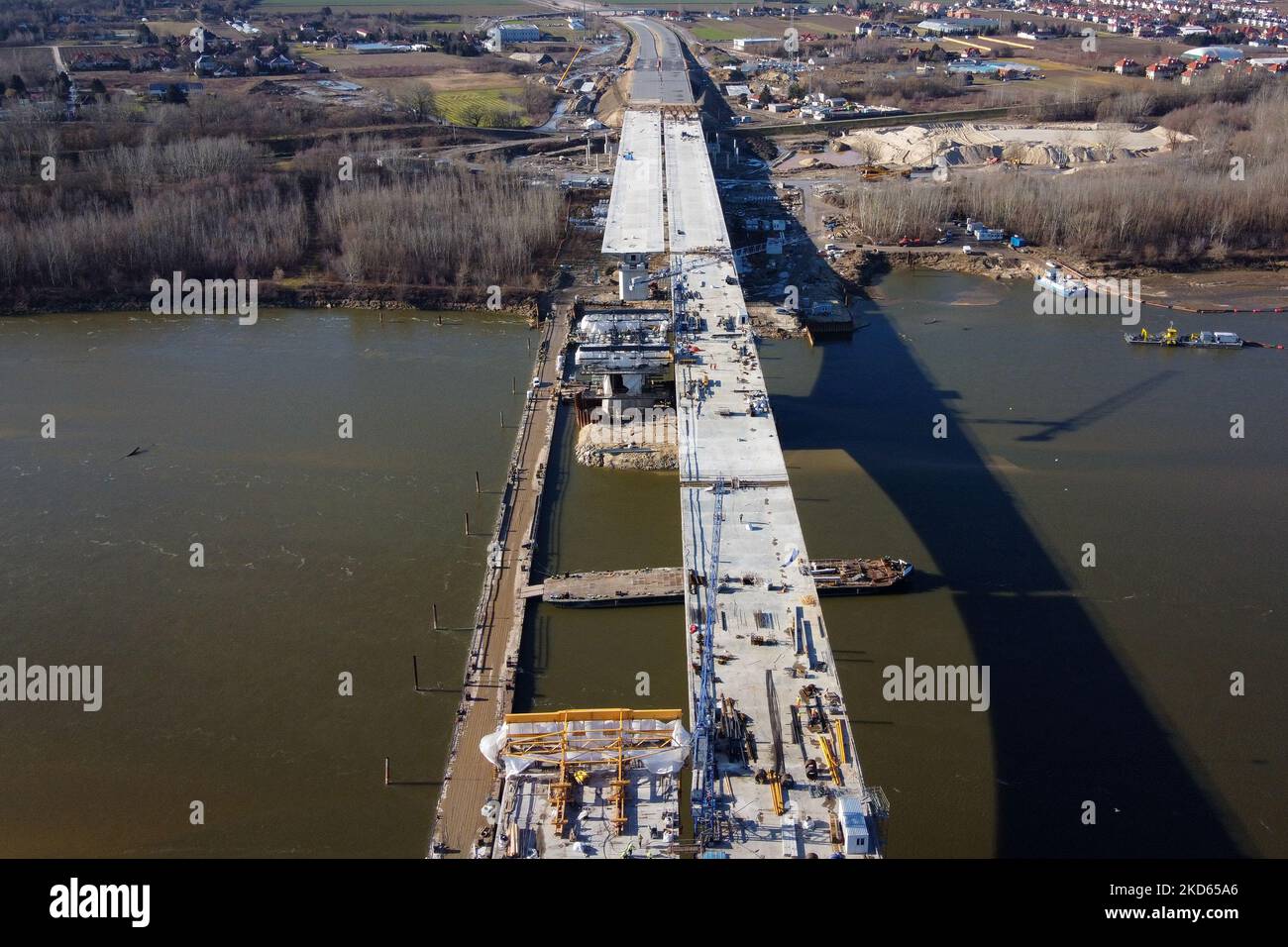 A drone view of Anna Jagiellon (South) Bridge construction, in Warsaw, Poland on February 5, 2020 (Photo by Mateusz Wlodarczyk/NurPhoto) Stock Photo