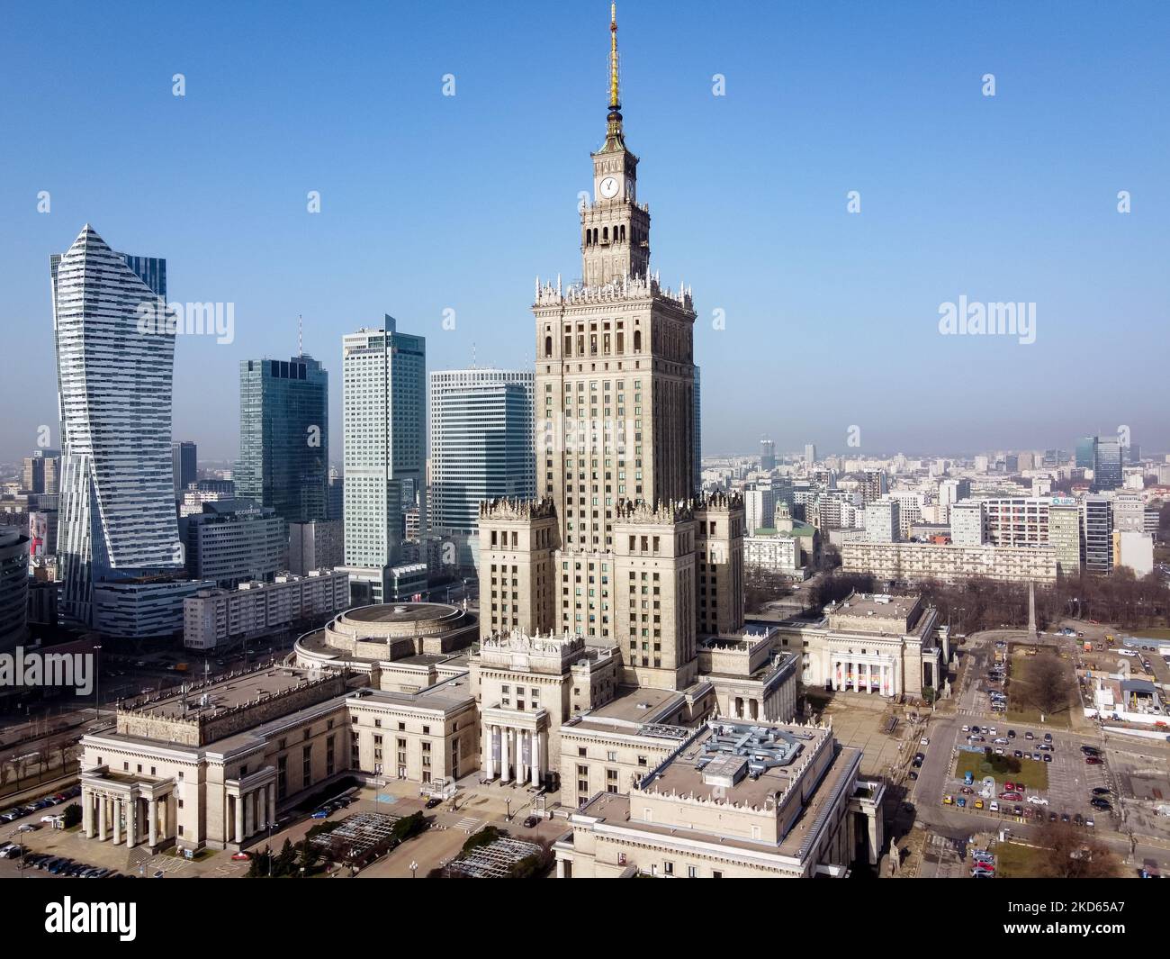 A drone view of Zlota 44 skyscraper (L) and Palace of Culture and Science (C) at downtown, in Warsaw, Poland on February 25, 2021 (Photo by Mateusz Wlodarczyk/NurPhoto) Stock Photo