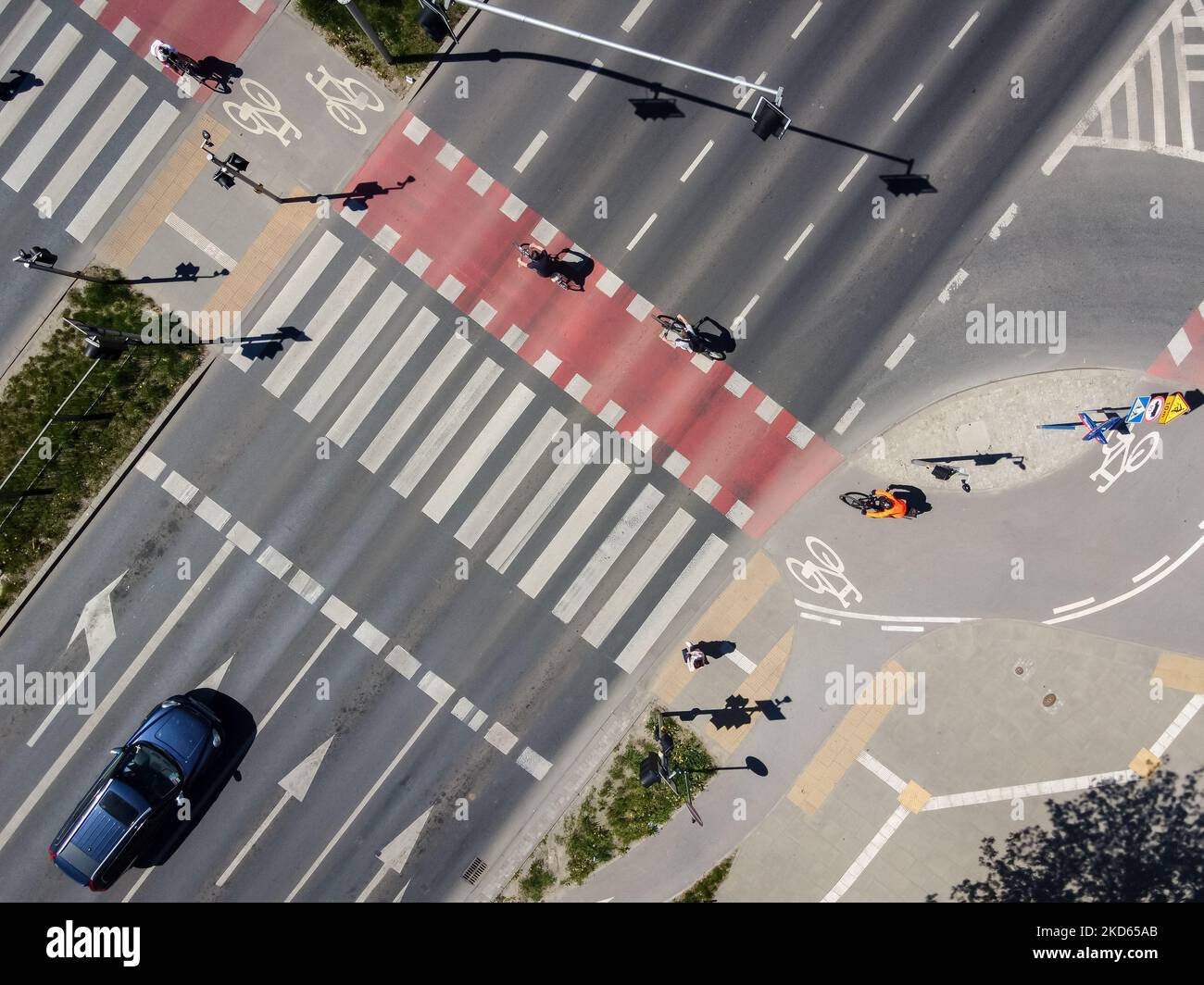 A drone view of crosswalk and bike path, in Warsaw, Poland on May 13, 2021 (Photo by Mateusz Wlodarczyk/NurPhoto) Stock Photo