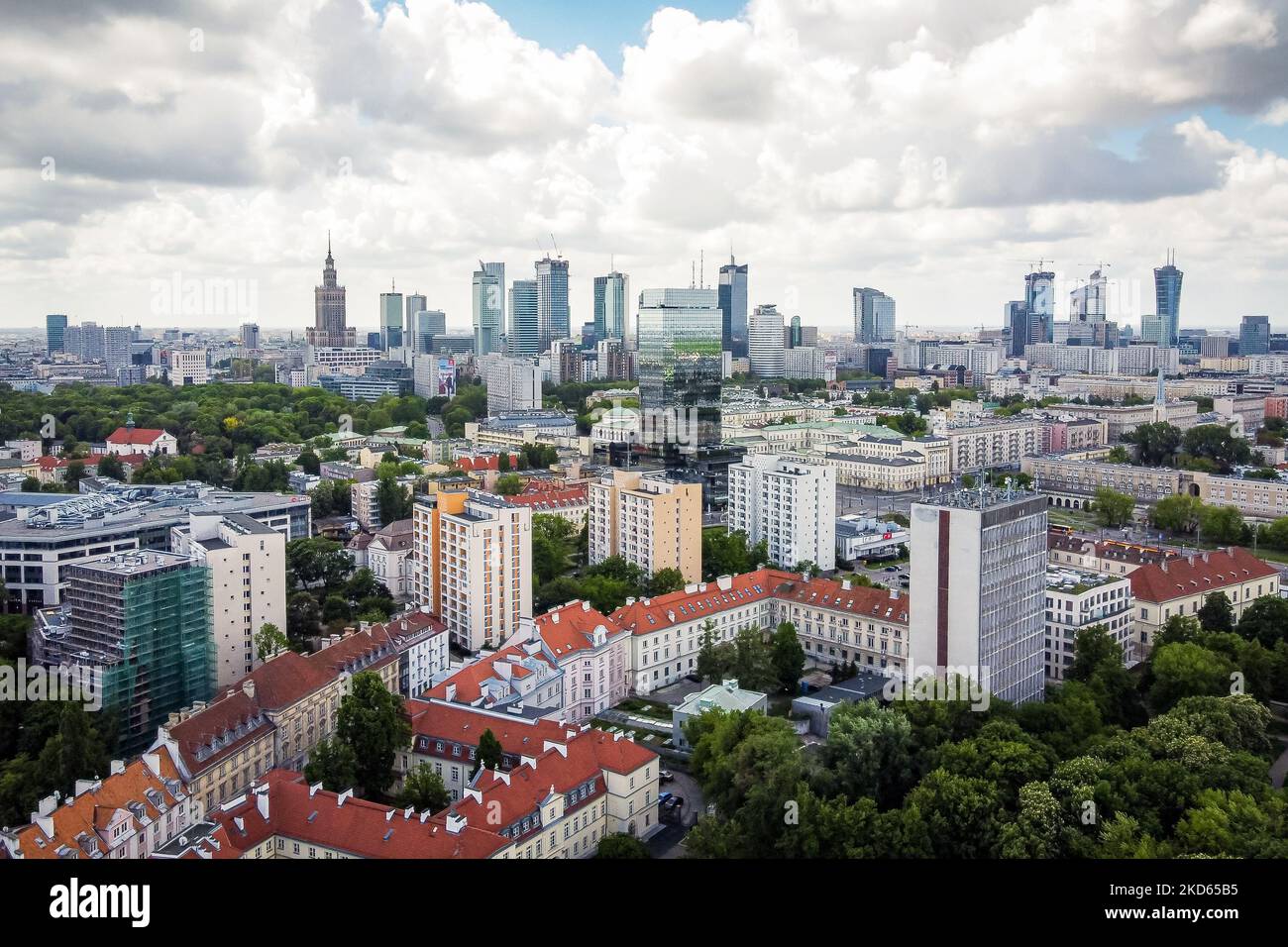 A drone view of downtown, in Warsaw, Poland on May 24, 2020 (Photo by Mateusz Wlodarczyk/NurPhoto) Stock Photo