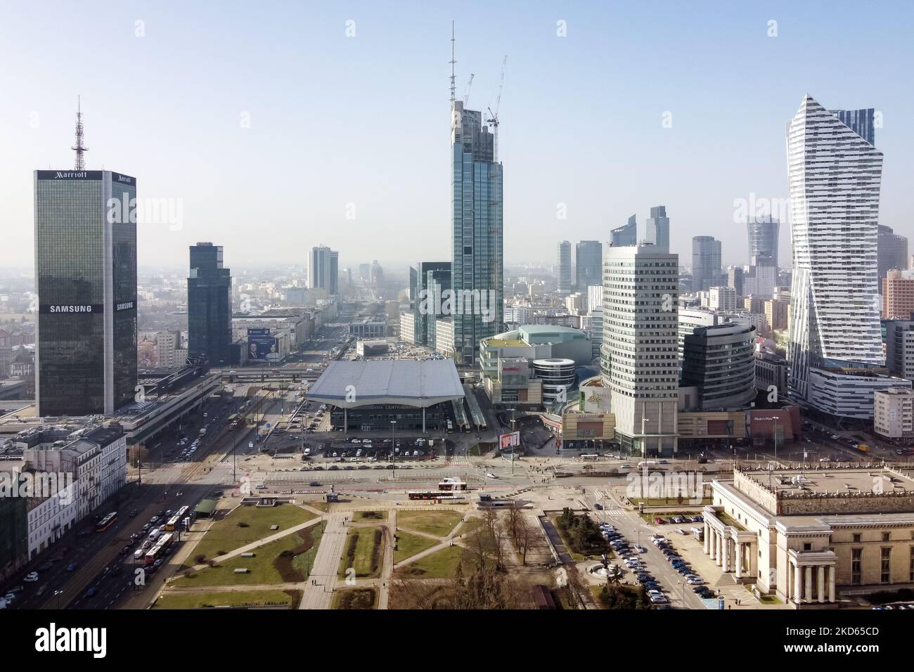 A drone view of Marriott hotel (L), Varso Tower (C) and Zlota 44 (R) skyscrapers at downtown, in Warsaw, Poland on February 25, 2021 (Photo by Mateusz Wlodarczyk/NurPhoto) Stock Photo