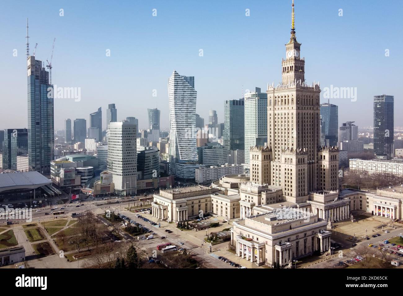 A drone view of Varso Tower (L), Zlota 44 (C) skyscrapers and Palace of Culture and Science (R) at downtown, in Warsaw, Poland on February 25, 2021 (Photo by Mateusz Wlodarczyk/NurPhoto) Stock Photo