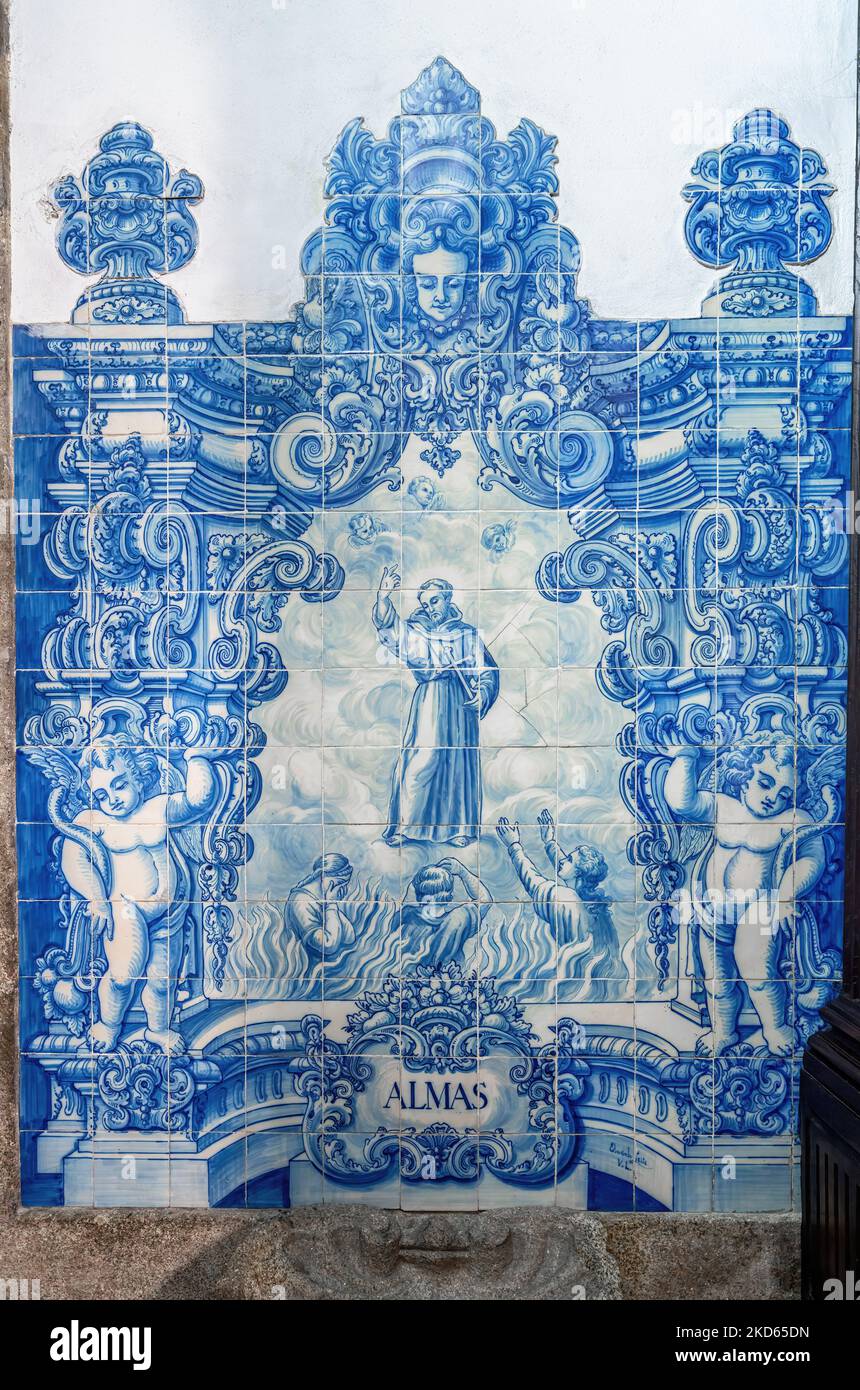 Portuguese Azulejo tiles scene at Capela das Almas de Santa Catarina (Chapel of Souls) Interior - Porto, Portugal Stock Photo