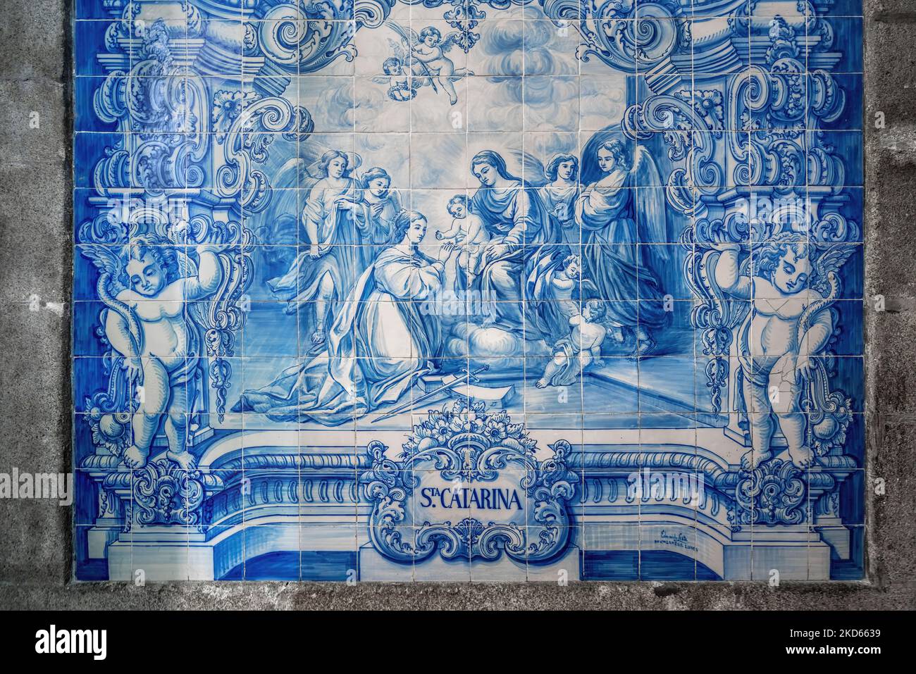 Portuguese Azulejo tiles with Saint Catherine scene at Capela das Almas de Santa Catarina (Chapel of Souls) Interior - Stock Photo