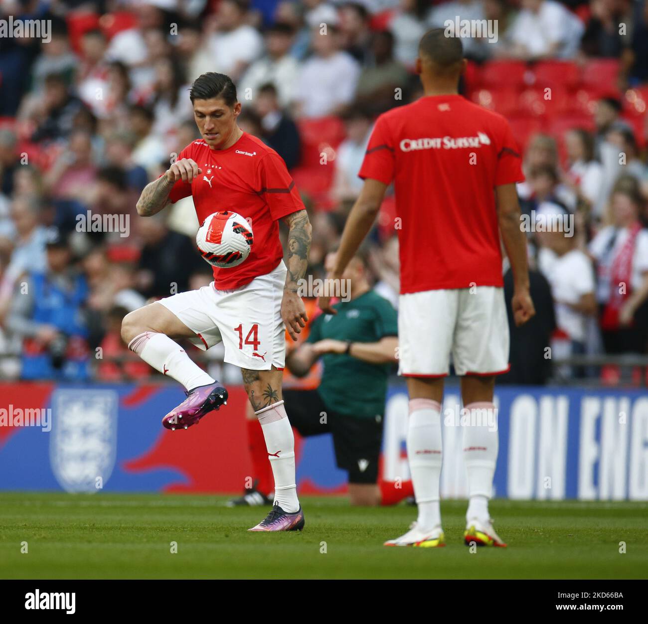 LONDON, ENGLAND - MARCH 26: Steven Zuber of Switzerland during the pre-match warm-up during An Alzheimer's Society International between England and Switzerland at Wembley Stadium, UK on 26th March 2022 (Photo by Action Foto Sport/NurPhoto) Stock Photo