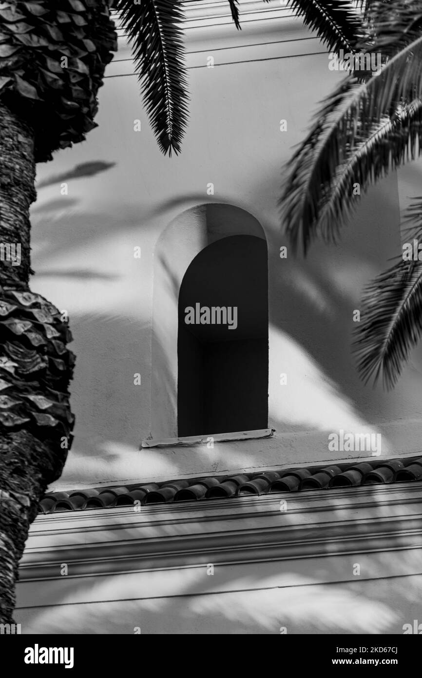 A vertical grayscale of an arched window of a building Stock Photo Alamy