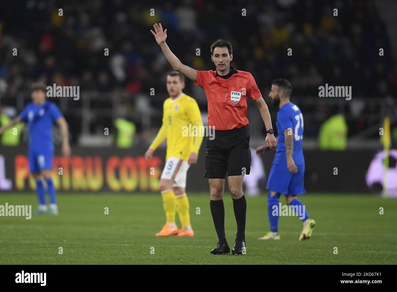 Referee Ricardo De Burgos Bengoechea in action during the international friendly match between Romania and Greece at Stadionul Steaua on March 25, 2022 in Bucharest, Romania. (Photo by Alex Nicodim/NurPhoto) Stock Photo