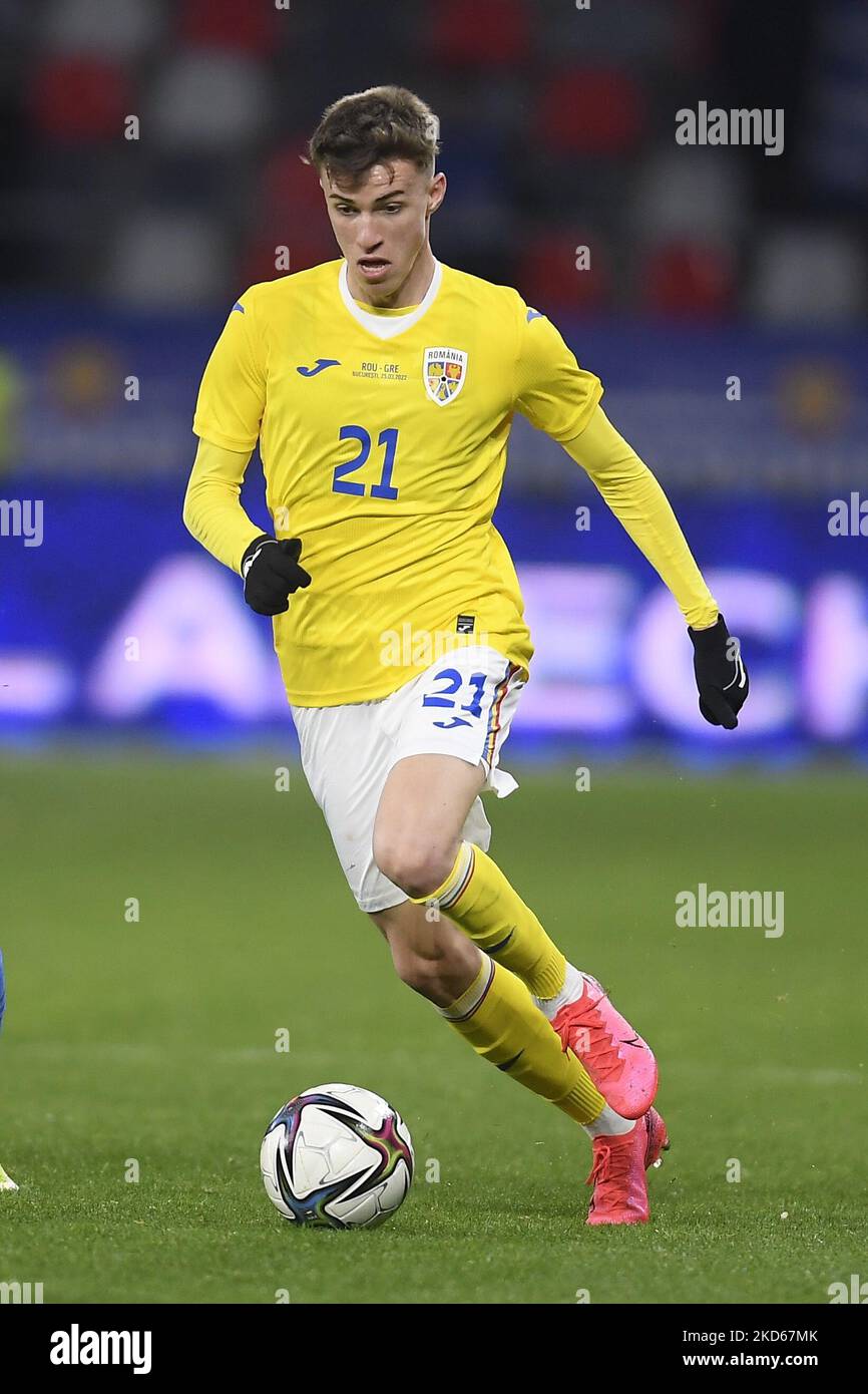 Octavian Popescu in action during the international friendly match between Romania and Greece at Stadionul Steaua on March 25, 2022 in Bucharest, Romania. (Photo by Alex Nicodim/NurPhoto) Stock Photo