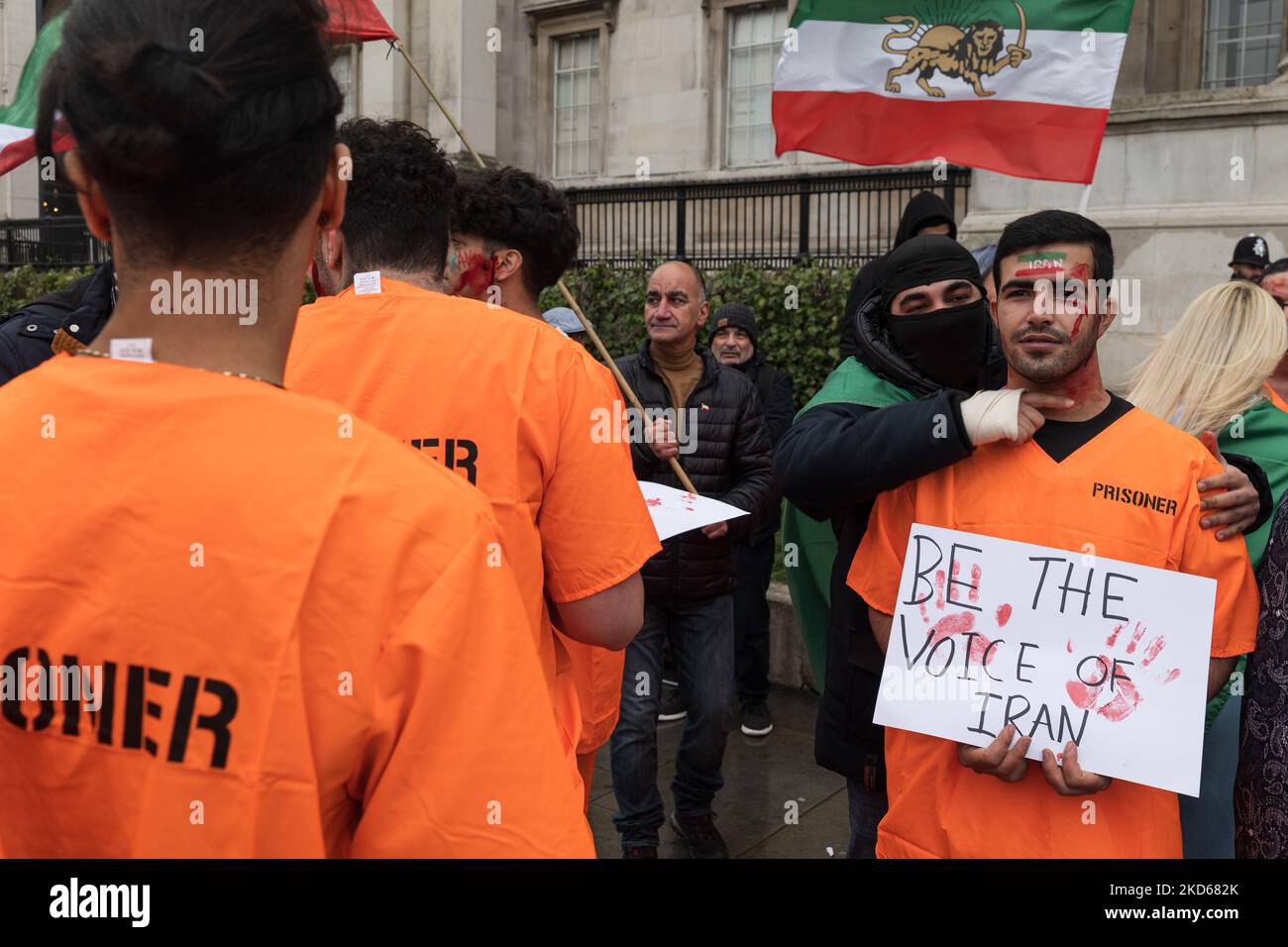 London, UK. 5th November 2022. Protestors recreate scenes of Prisoner Abuse and execution by the Iranian Regime. Stock Photo