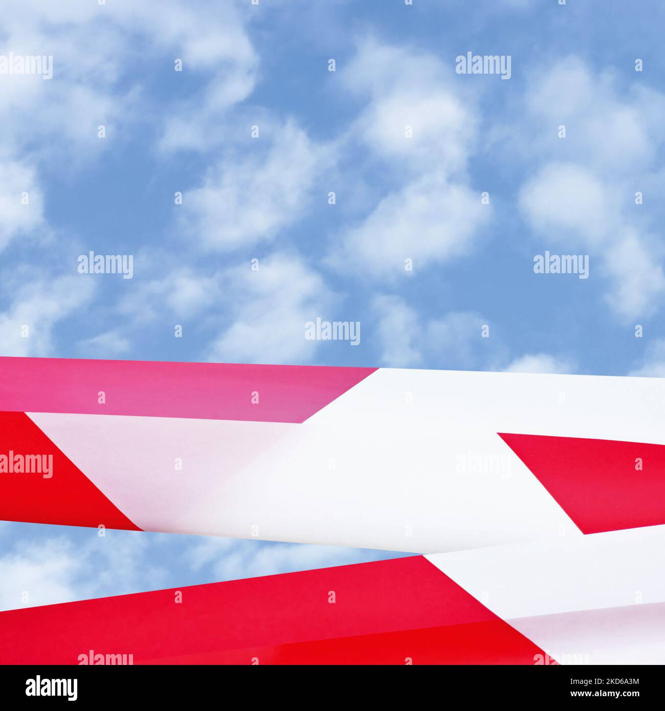 Large Red White Do Not Cross Ribbon Barricade Tape Copy Space, Detailed Horizontal Sunny Summer Sky Cloudscape Background, Bright Clouds, Crime Scene Stock Photo