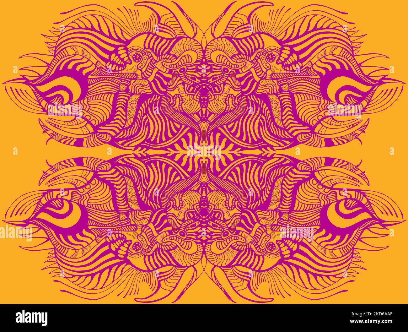 Duotone abstract pattern with psychedelic colorful fantastic ornament. Decorative purple outline, isolated on orange background. Future creative Stock Vector