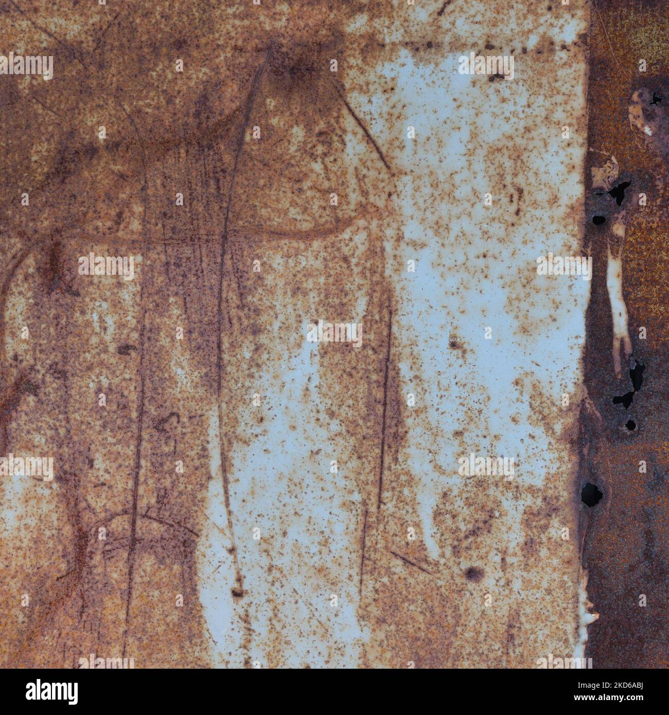 Old light blue painted grey rusty rustic rust iron metal frame background texture, vertical aged damaged weathered scratched framed plain paint patch Stock Photo