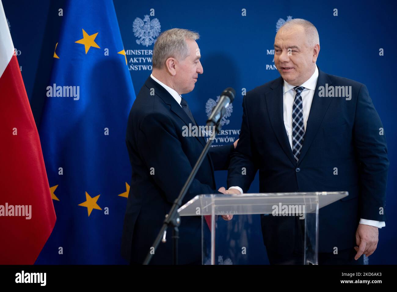 Polish Minister of Agriculture Henryk Kowalczyk and Minister for State Assets Jacek Sasin during a joint press conference on state-owned Food Holding Company in Warsaw, Poland on March 29, 2022 (Photo by Mateusz Wlodarczyk/NurPhoto) Stock Photo