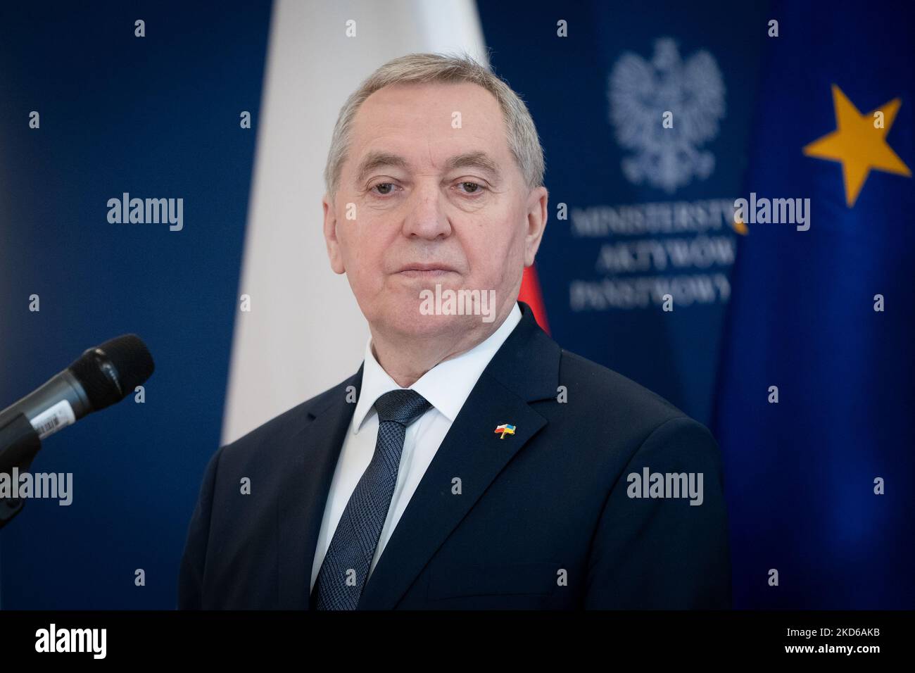 Polish Minister of Agriculture Henryk Kowalczyk during a joint press conference with Minister for State Assets on state-owned Food Holding Company in Warsaw, Poland on March 29, 2022 (Photo by Mateusz Wlodarczyk/NurPhoto) Stock Photo
