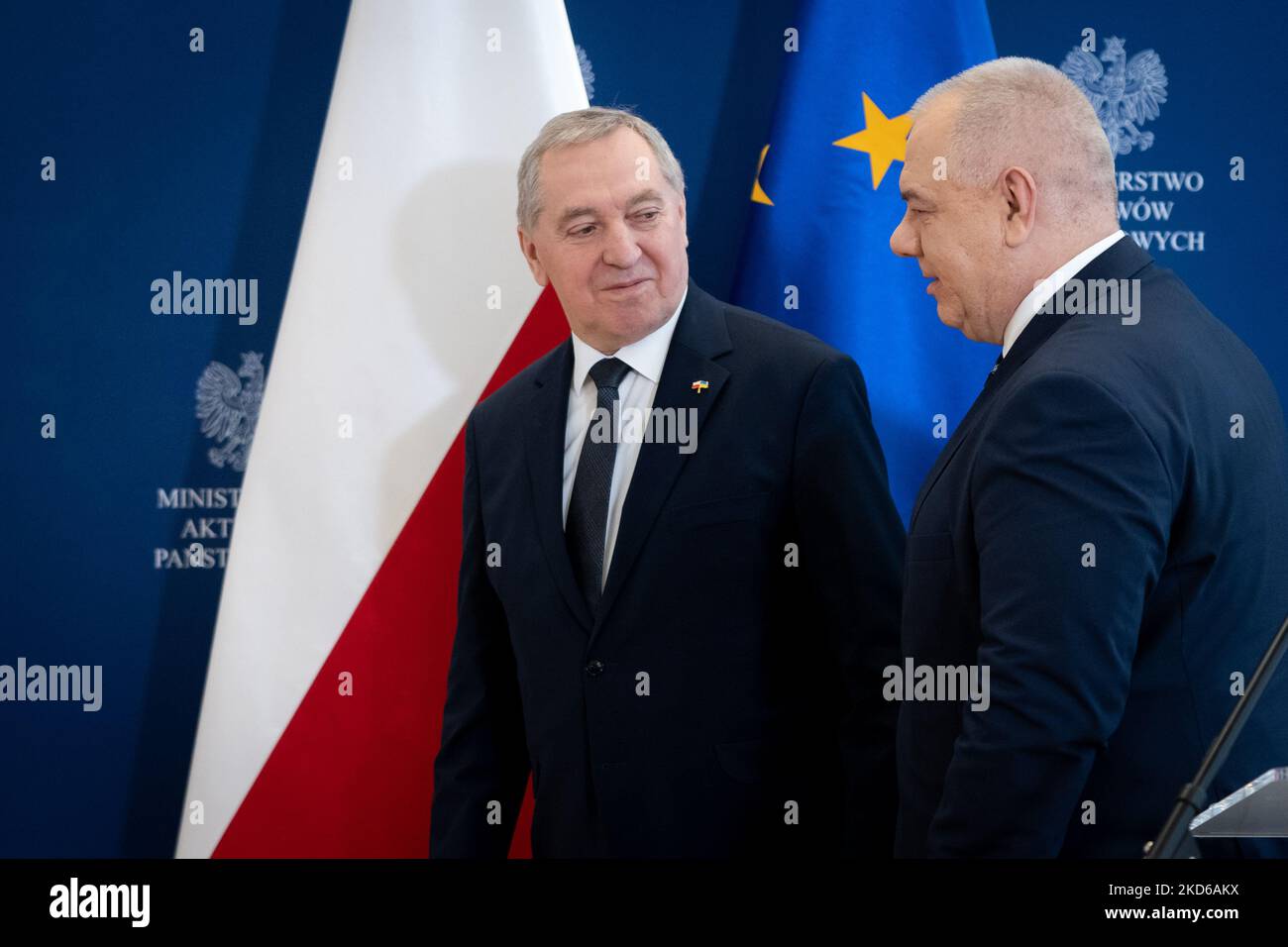 Polish Minister of Agriculture Henryk Kowalczyk and Minister for State Assets Jacek Sasin during a joint press conference on state-owned Food Holding Company in Warsaw, Poland on March 29, 2022 (Photo by Mateusz Wlodarczyk/NurPhoto) Stock Photo