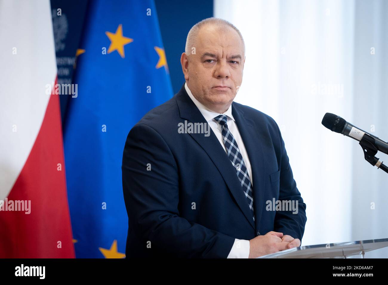 Polish Minister for State Assets Jacek Sasin during a joint press conference with Minister of Agriculture on state-owned Food Holding Company in Warsaw, Poland on March 29, 2022 (Photo by Mateusz Wlodarczyk/NurPhoto) Stock Photo