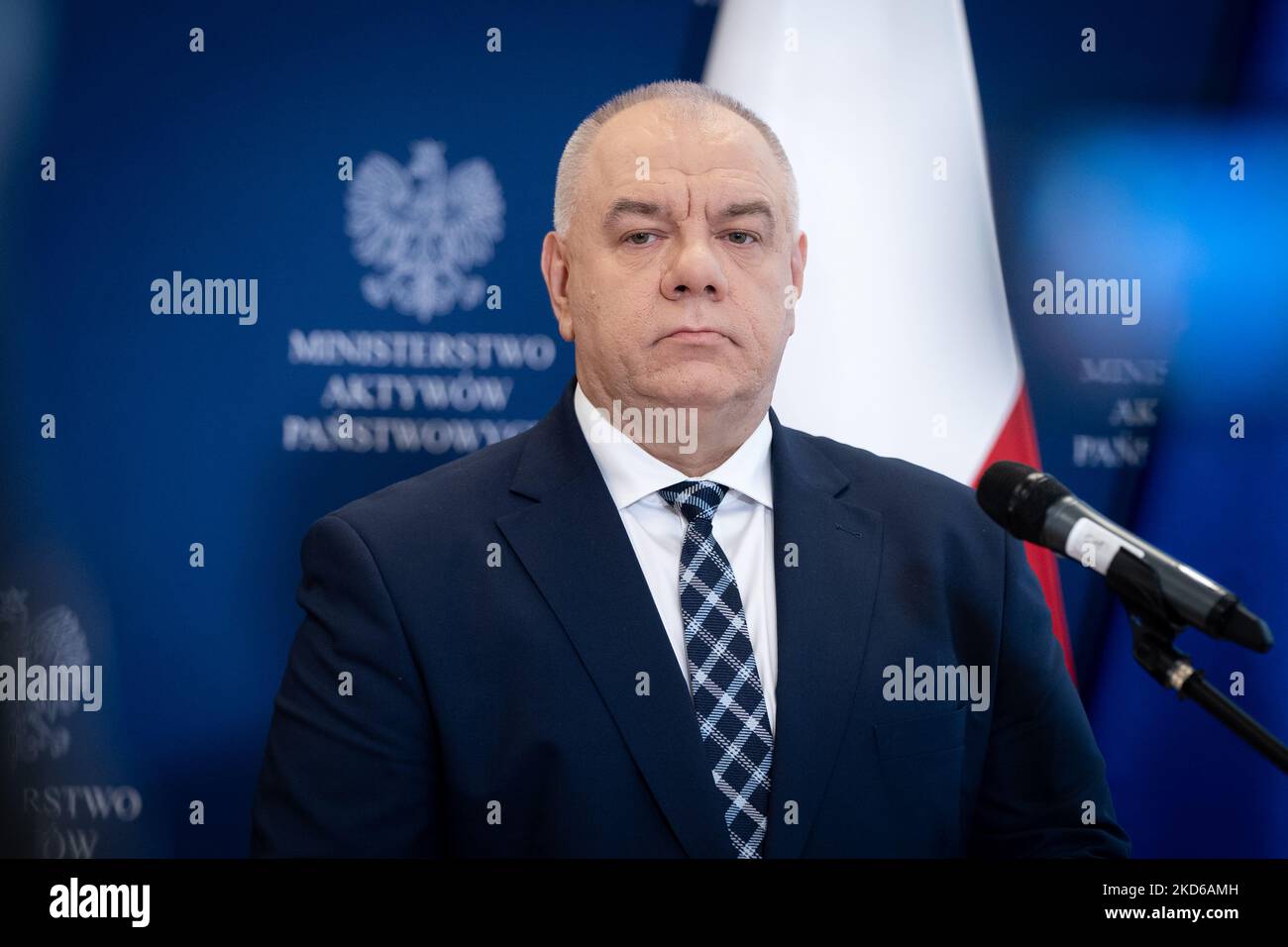 Polish Minister for State Assets Jacek Sasin during a joint press conference with Minister of Agriculture on state-owned Food Holding Company in Warsaw, Poland on March 29, 2022 (Photo by Mateusz Wlodarczyk/NurPhoto) Stock Photo