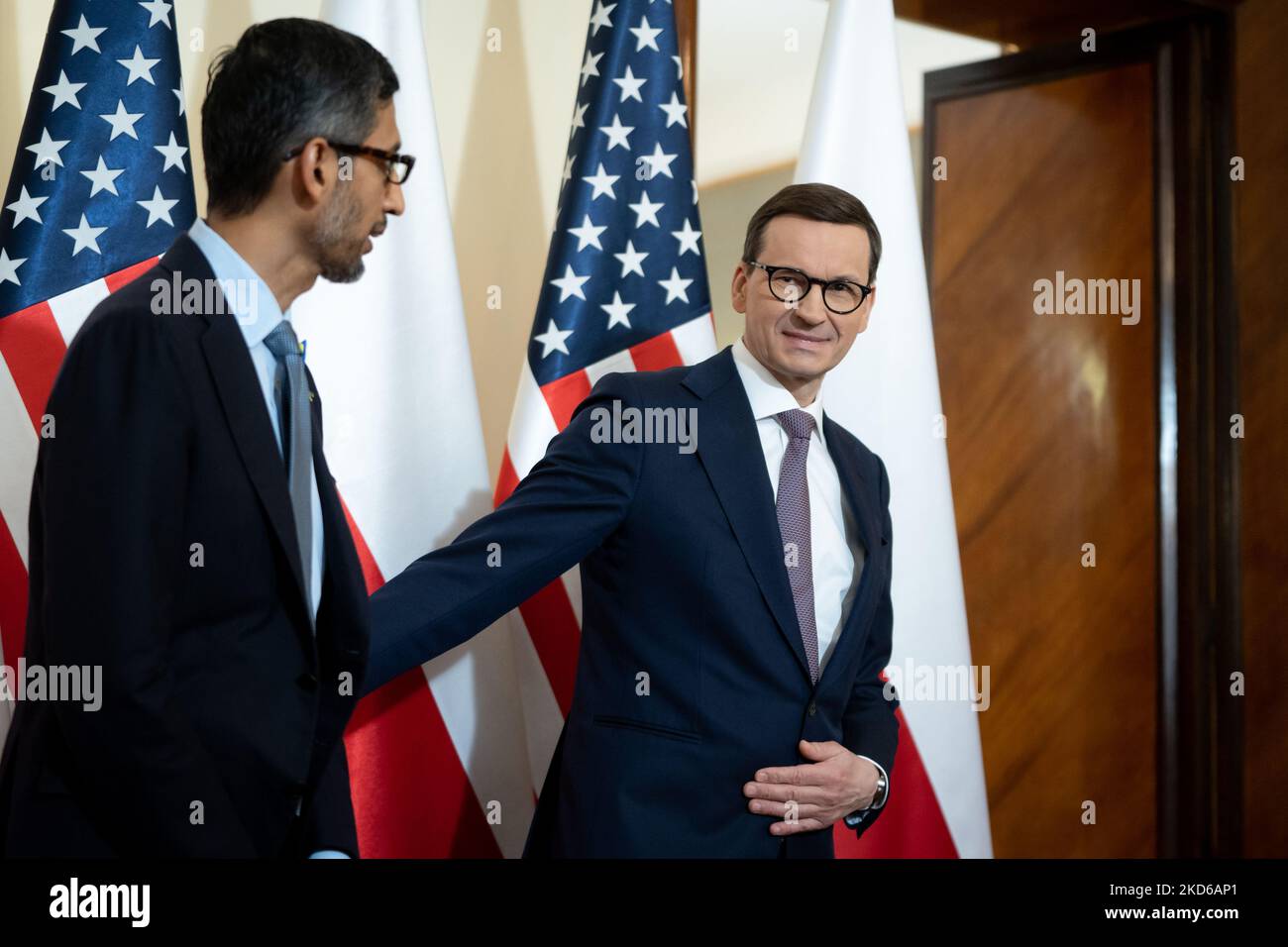 CEO of Alphabet and Google Sundar Pichai meets Polish Prime Minister Mateusz Morawiecki at the Chancellery in Warsaw, Poland on March 29, 2022 (Photo by Mateusz Wlodarczyk/NurPhoto) Stock Photo