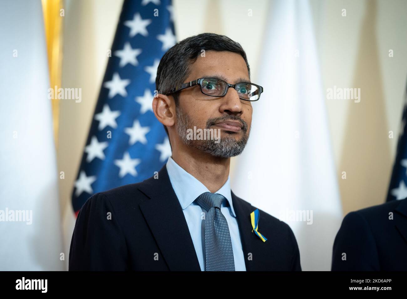 CEO of Alphabet and Google Sundar Pichai meets Polish Prime Minister at the Chancellery in Warsaw, Poland on March 29, 2022 (Photo by Mateusz Wlodarczyk/NurPhoto) Stock Photo
