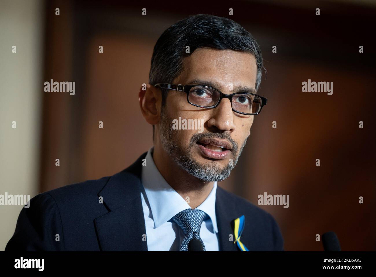CEO of Alphabet and Google Sundar Pichai joint press conference with Polish Prime Minister Mateusz Morawiecki at the Chancellery in Warsaw, Poland on March 29, 2022 (Photo by Mateusz Wlodarczyk/NurPhoto) Stock Photo