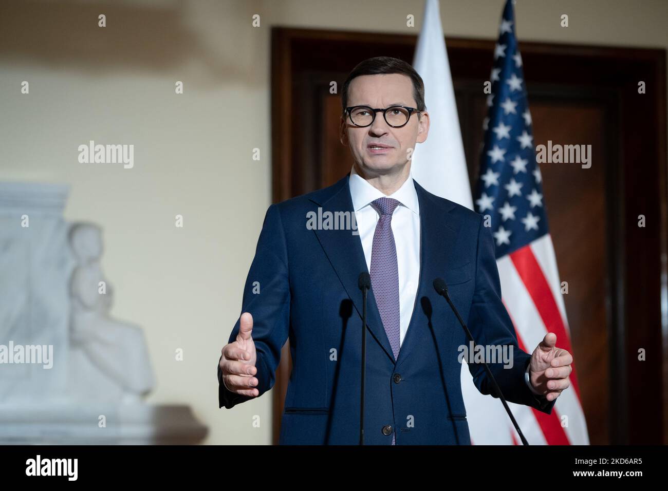 Polish Prime Minister Mateusz Morawiecki joint press conference with CEO of Alphabet and Google Sundar Pichai at the Chancellery in Warsaw, Poland on March 29, 2022 (Photo by Mateusz Wlodarczyk/NurPhoto) Stock Photo