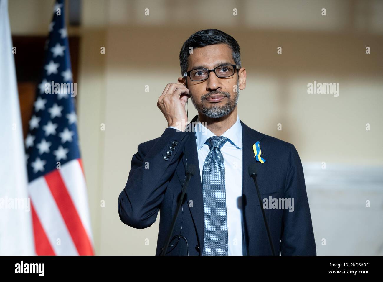 CEO of Alphabet and Google Sundar Pichai joint press conference with Polish Prime Minister Mateusz Morawiecki at the Chancellery in Warsaw, Poland on March 29, 2022 (Photo by Mateusz Wlodarczyk/NurPhoto) Stock Photo