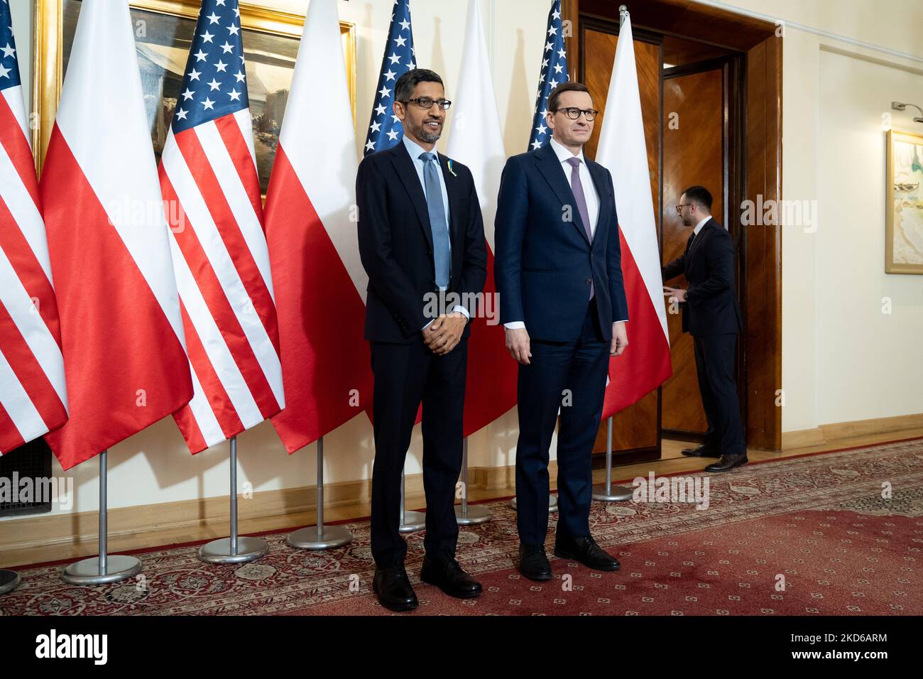 CEO of Alphabet and Google Sundar Pichai meets Polish Prime Minister Mateusz Morawiecki at the Chancellery in Warsaw, Poland on March 29, 2022 (Photo by Mateusz Wlodarczyk/NurPhoto) Stock Photo