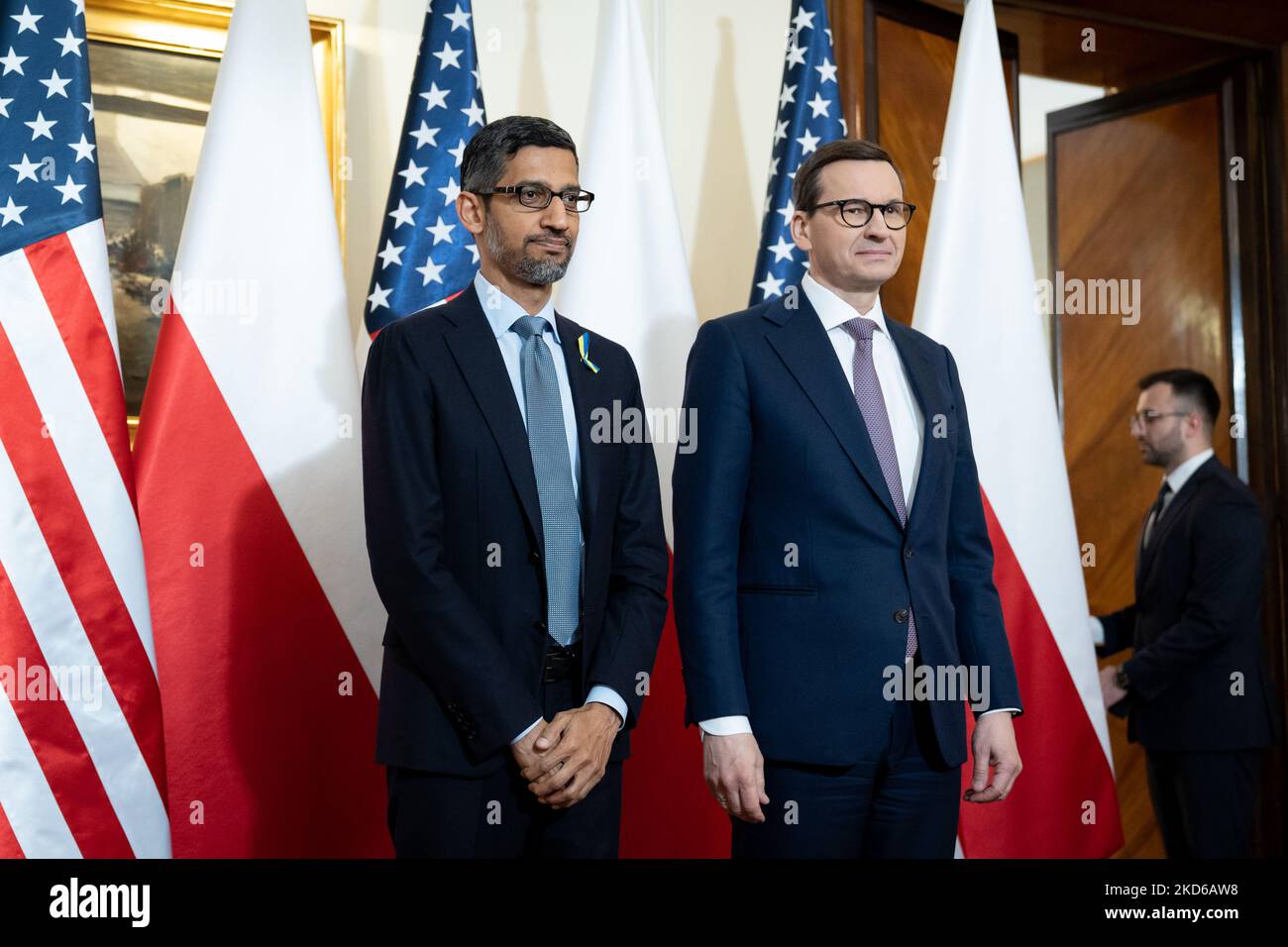 CEO of Alphabet and Google Sundar Pichai meets Polish Prime Minister Mateusz Morawiecki at the Chancellery in Warsaw, Poland on March 29, 2022 (Photo by Mateusz Wlodarczyk/NurPhoto) Stock Photo