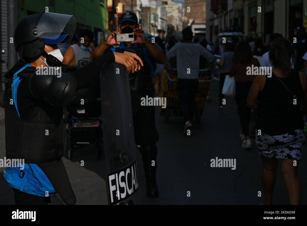 Members of Policía Fiscal seen in a busy street, in Lima city center. On Wednesday, March 30, 2022, in Lima, Peru. (Photo by Artur Widak/NurPhoto) Stock Photo