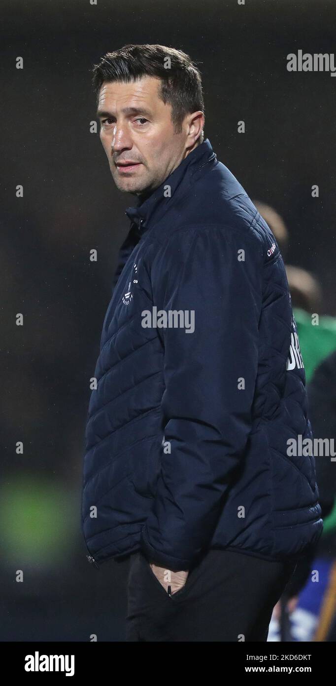 Hartlepool United manager Graeme Lee during the Sky Bet League 2 match between Hartlepool United and Mansfield Town at Victoria Park, Hartlepool on Tuesday 29th March 2022. (Photo by Mark Fletcher/MI News/NurPhoto) Stock Photo