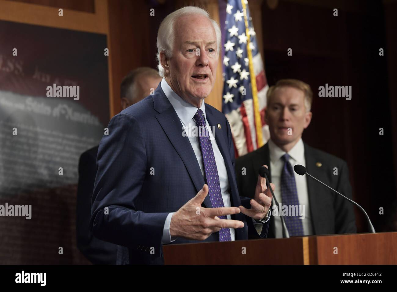 Senator John Cornyn(R-TX) alongside GOP members speaks about US-MX border during a press conference, today on March 30, 2022 at SVC/Capitol Hill in Washington DC, USA. (Photo by Lenin Nolly/NurPhoto) Stock Photo