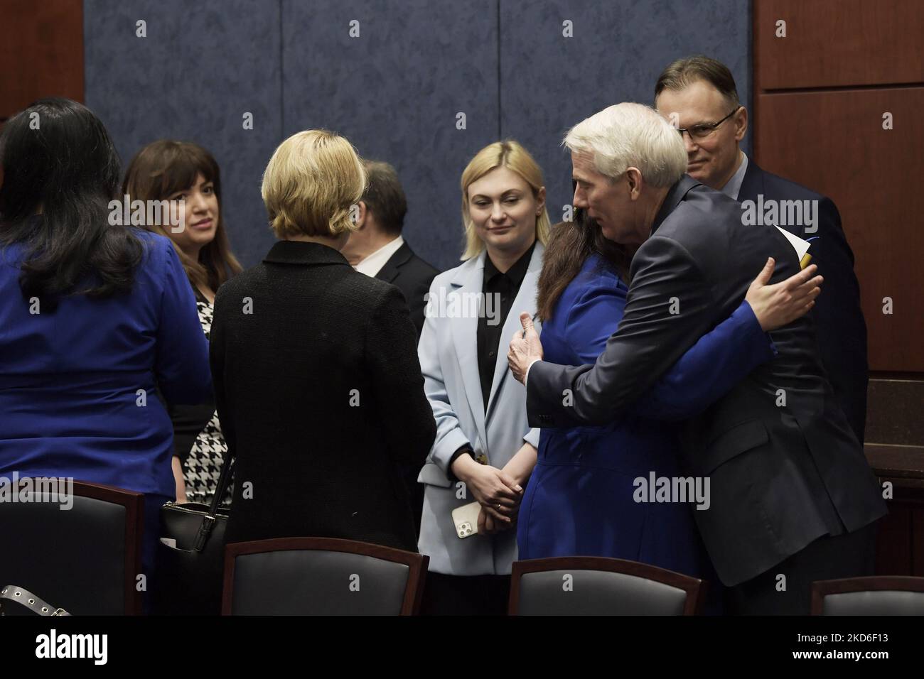 US Senator Robert Portman(R-OH) greets to Ukraine Caucus during the meeting with members of the Ukraine Parliament, today on March 30, 2022 at SVC/Capitol Hill in Washington DC, USA. (Photo by Lenin Nolly/NurPhoto) Stock Photo