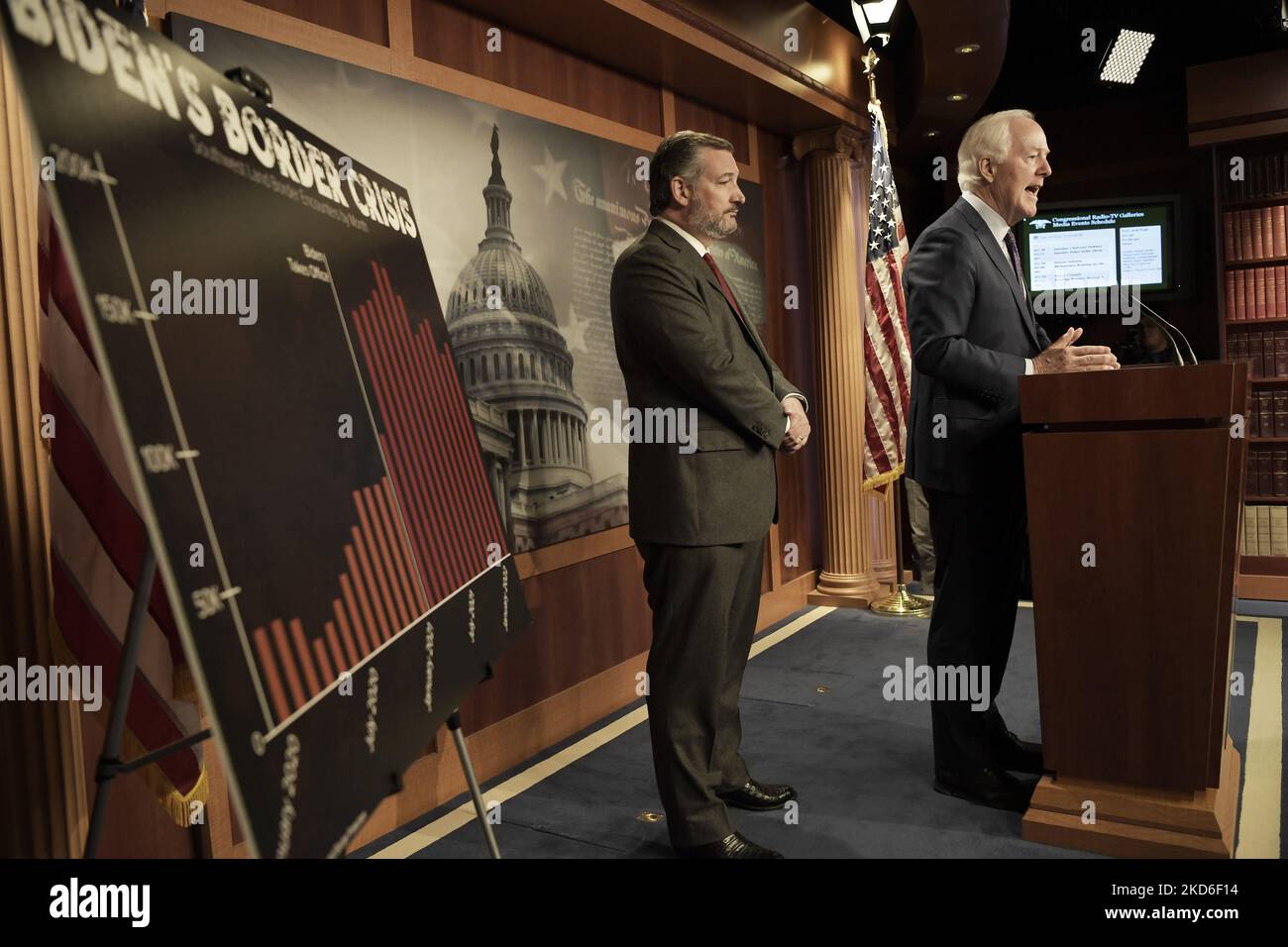 Senator John Cornyn(R-TX) alongside GOP members speaks about US-MX border during a press conference, today on March 30, 2022 at SVC/Capitol Hill in Washington DC, USA. (Photo by Lenin Nolly/NurPhoto) Stock Photo