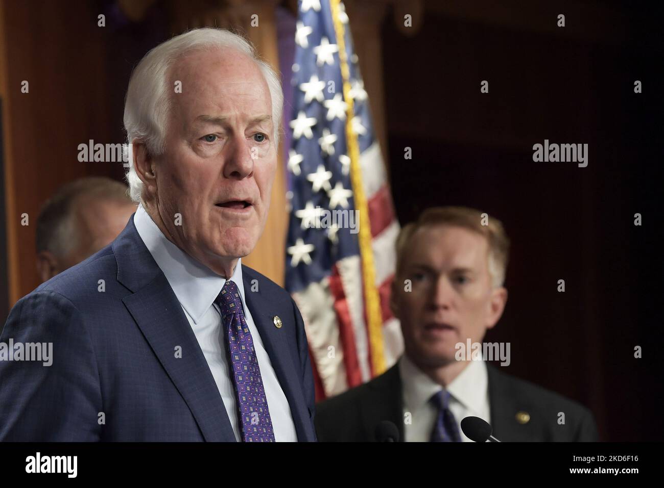 Senator John Cornyn(R-TX) alongside GOP members speaks about US-MX border during a press conference, today on March 30, 2022 at SVC/Capitol Hill in Washington DC, USA. (Photo by Lenin Nolly/NurPhoto) Stock Photo