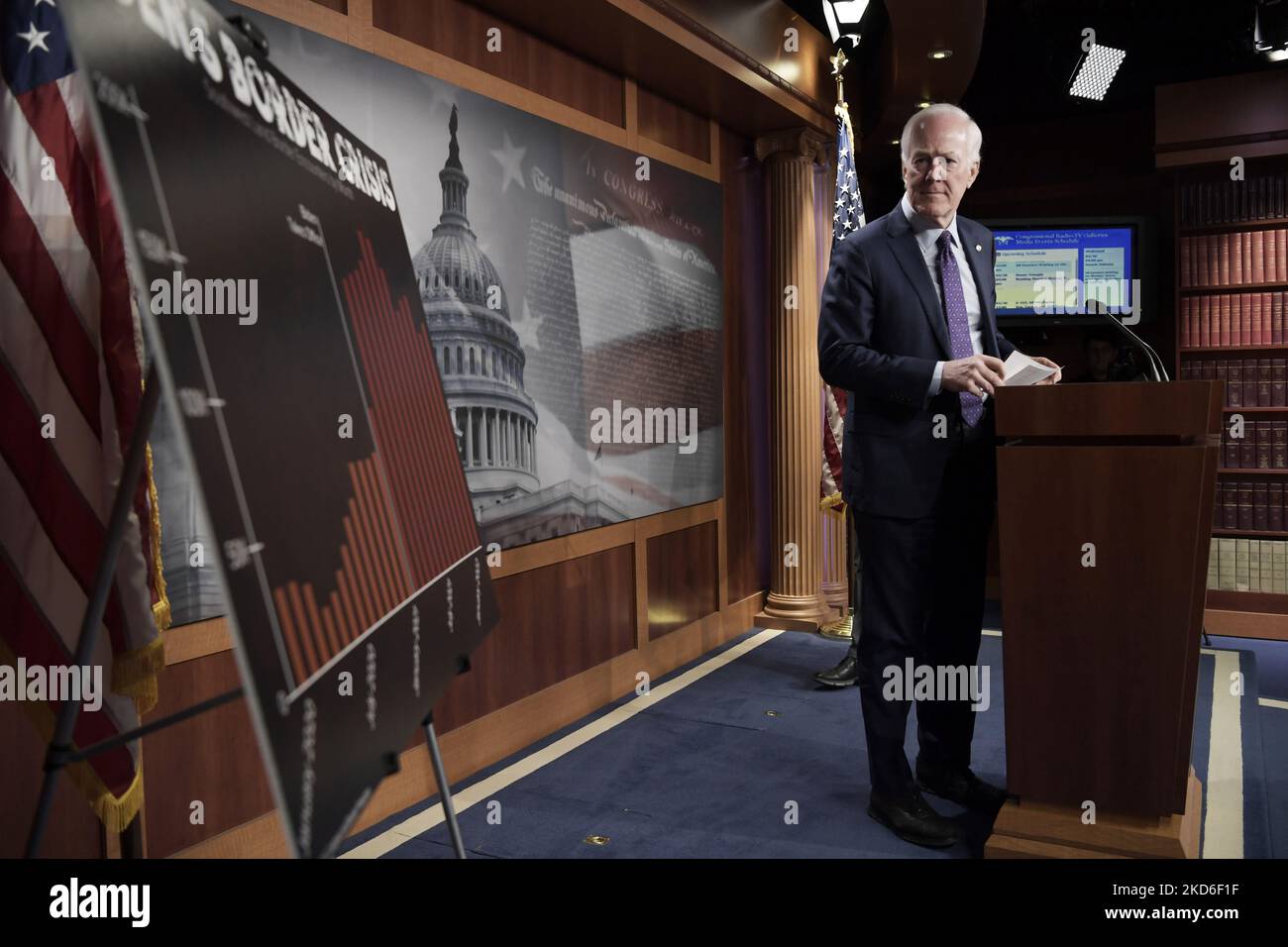 Senator John Cornyn(R-TX) alongside GOP members speaks about US-MX border during a press conference, today on March 30, 2022 at SVC/Capitol Hill in Washington DC, USA. (Photo by Lenin Nolly/NurPhoto) Stock Photo