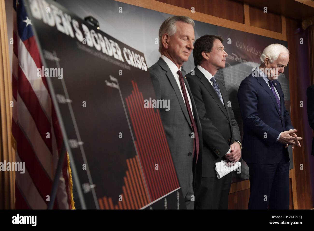 Senator John Cornyn(R-TX) alongside GOP members speaks about US-MX border during a press conference, today on March 30, 2022 at SVC/Capitol Hill in Washington DC, USA. (Photo by Lenin Nolly/NurPhoto) Stock Photo