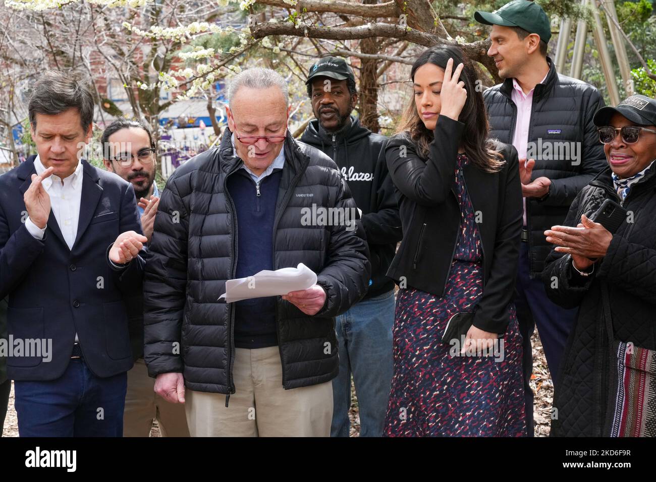 Senator Schumer, local elected officials, community garden advocates from across NYC, New Yorkers 4 Parks and climate advocates visit La Plaza Cultural in East Village to announce USDA program funded in the Bipartisan Infrastructure Law that will support community gardens on April 1, 2022 in New York City, USA. (Photo by John Nacion/NurPhoto) Stock Photo