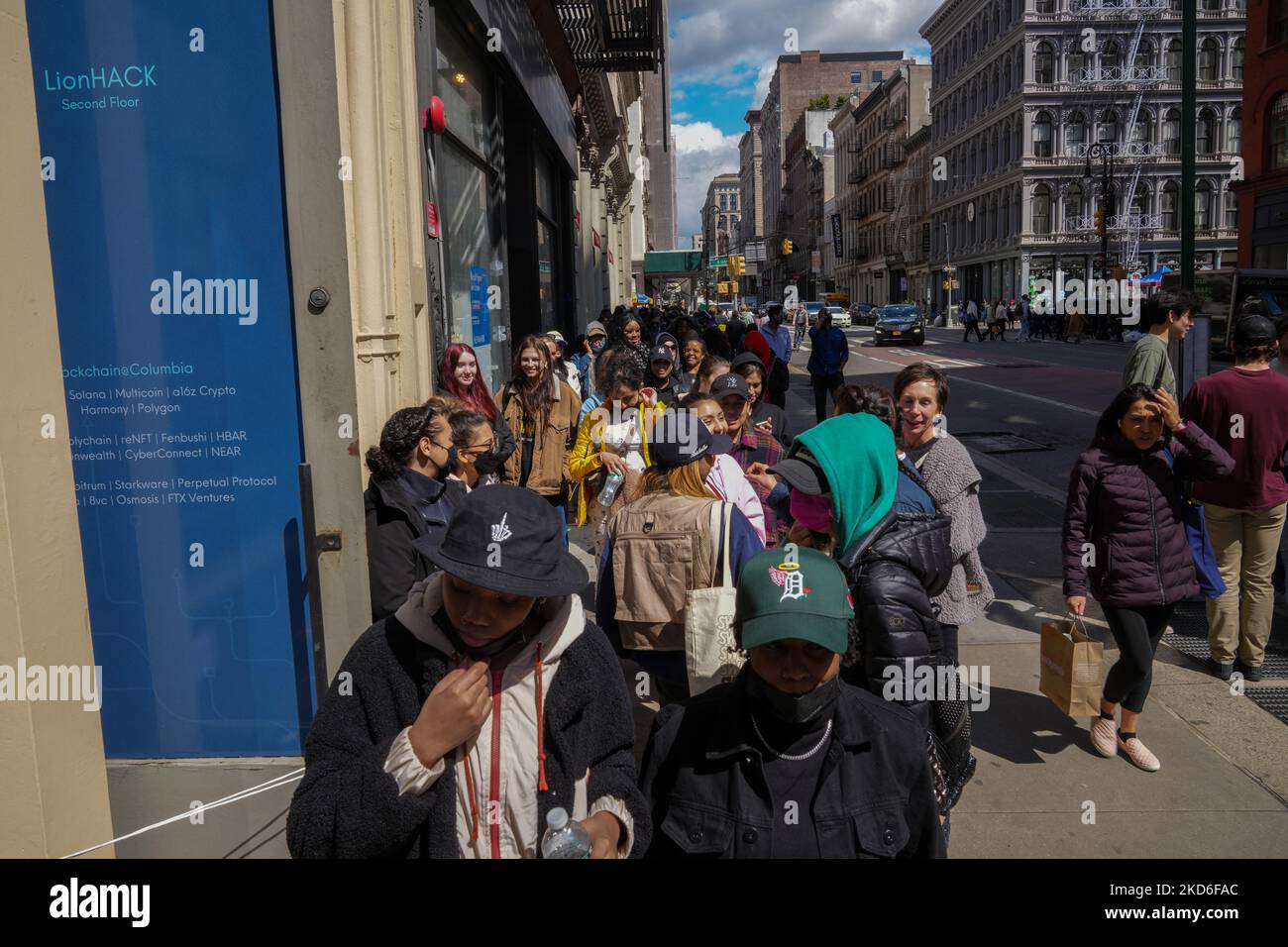View of long lines (stretching 3 city blocks) during a Dolls Kill sample sale in Soho area of