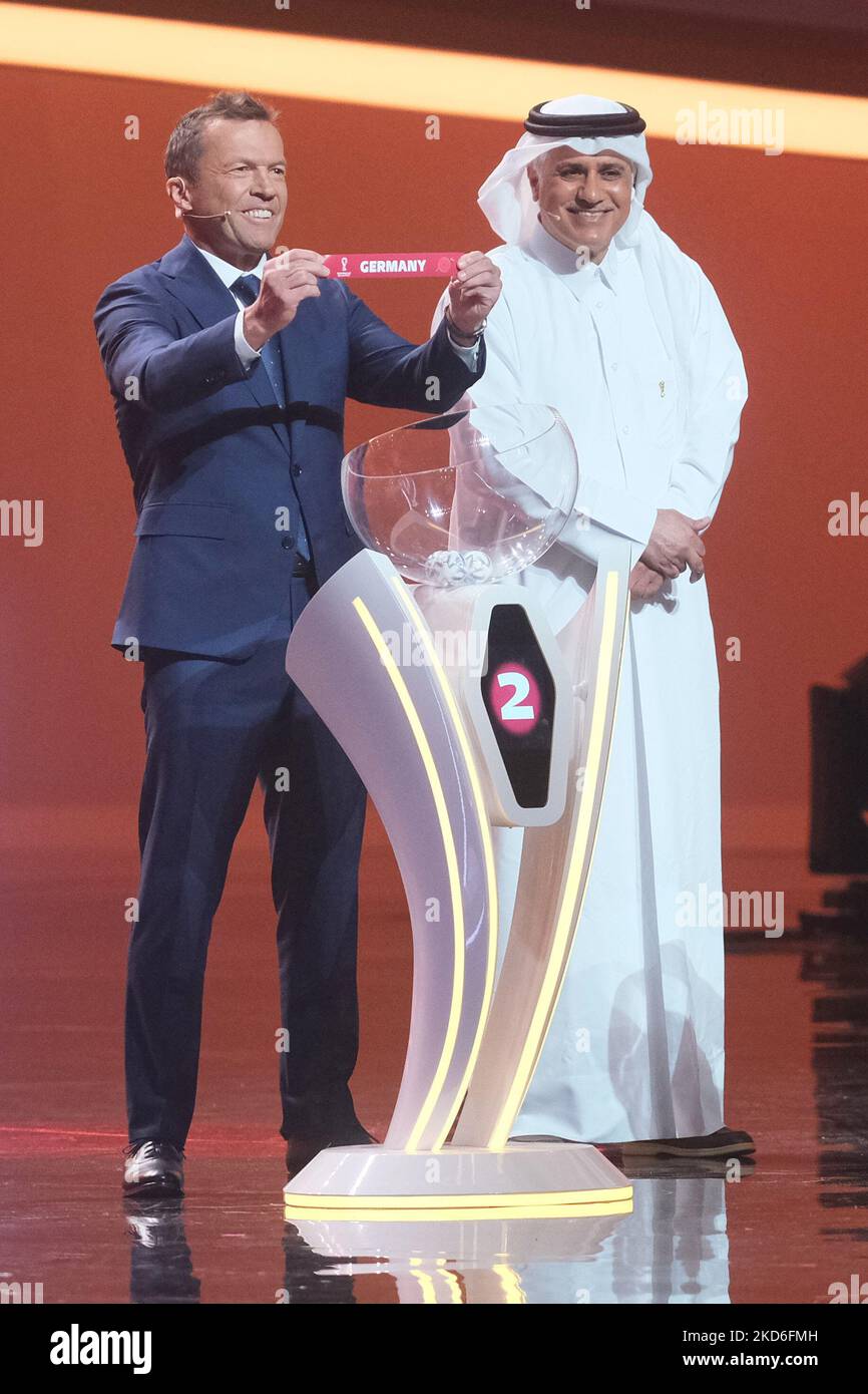 FIFA Legend Lothar Matthaus draws Germany during the FIFA World Cup Qatar 2022 Final Draw at Doha Exhibition and Convention Center on April 1, 2022 in Doha, Qatar. (Photo by Simon Holmes/NurPhoto) Stock Photo