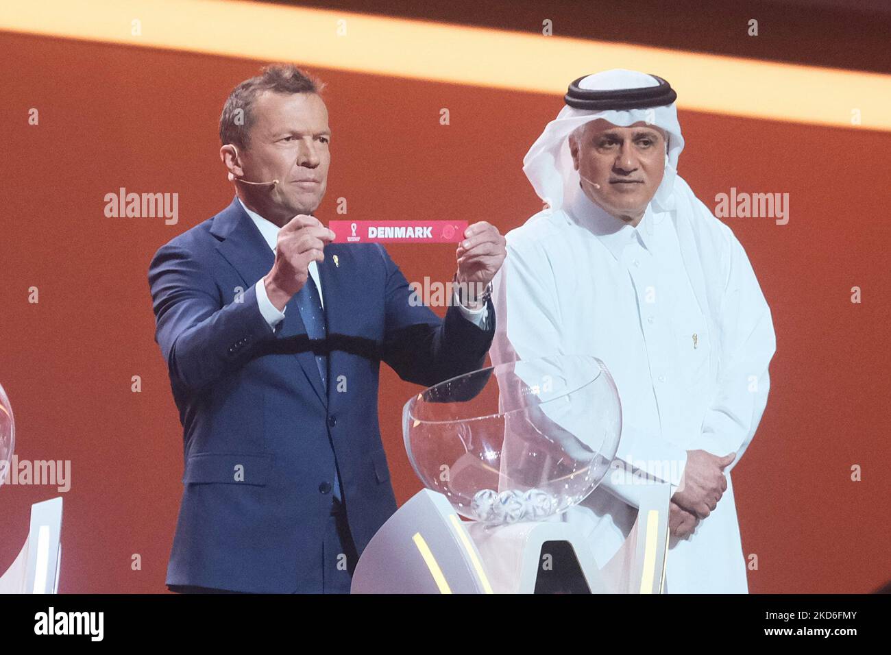FIFA Legend Lothar Matthaus draws Denmark during the FIFA World Cup Qatar 2022 Final Draw at Doha Exhibition and Convention Center on April 1, 2022 in Doha, Qatar. (Photo by Simon Holmes/NurPhoto) Stock Photo