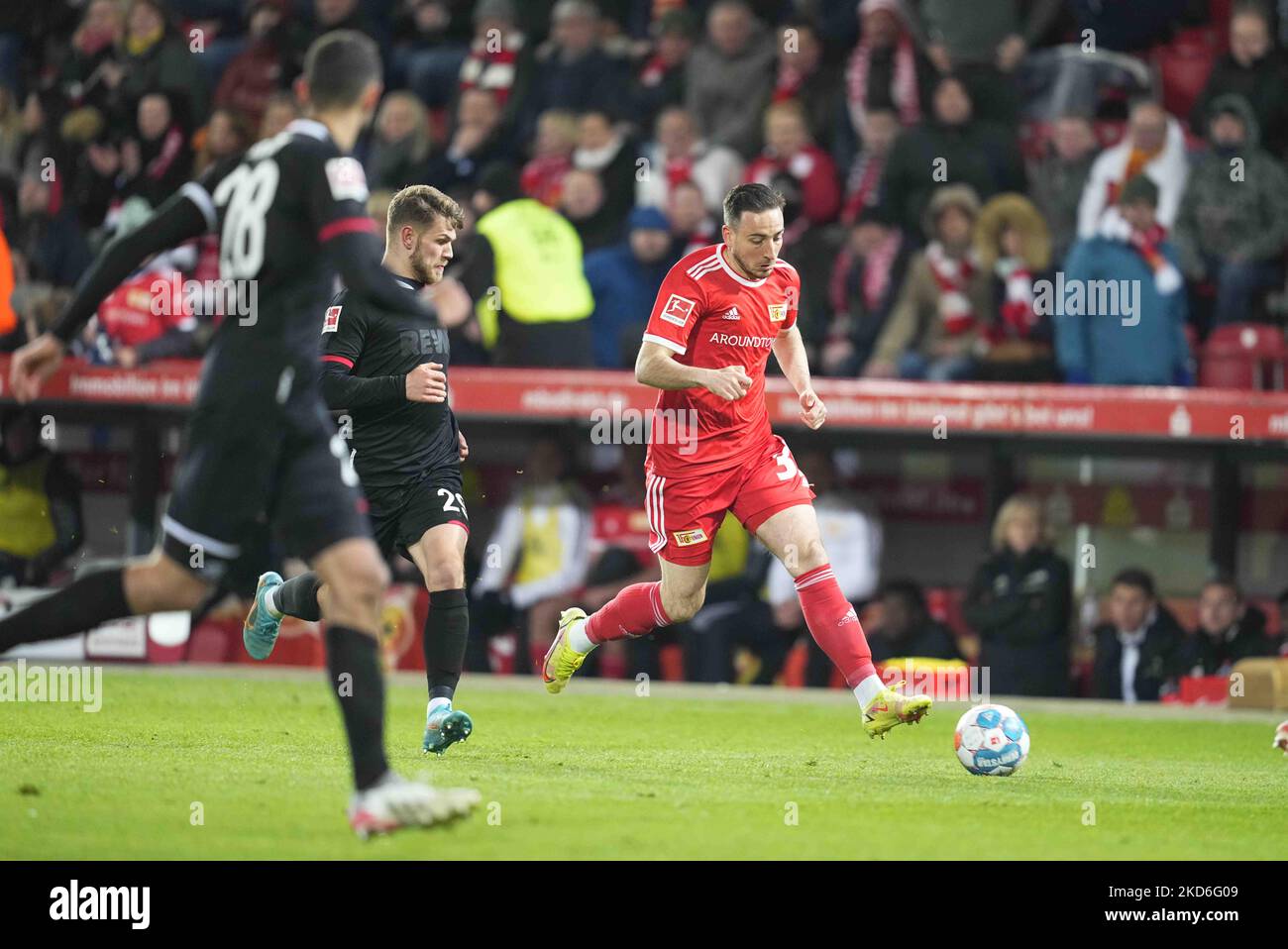 Kevin Mohwald of Union Berlin controls the ball during FC Union Berlin against FC Cologne, at An der Alten Forsterei, Berlin, Germany on April 1, 2022. (Photo by Ulrik Pedersen/NurPhoto) Stock Photo
