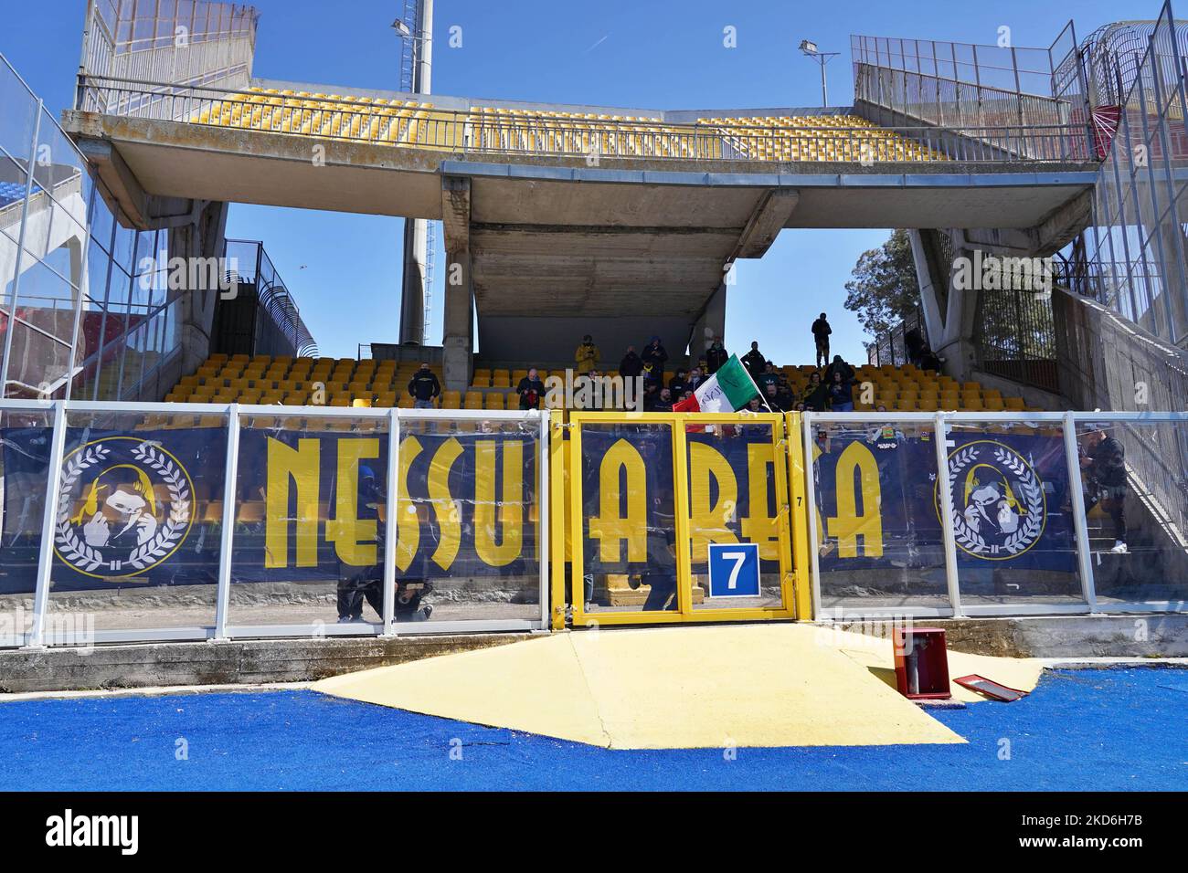 Frosinone Calcio supporters during the Italian soccer Serie B match US Lecce vs Frosinone Calcio on April 02, 2022 at the Stadio Via del Mare in Lecce, Italy (Photo by Emmanuele Mastrodonato/LiveMedia/NurPhoto) Stock Photo